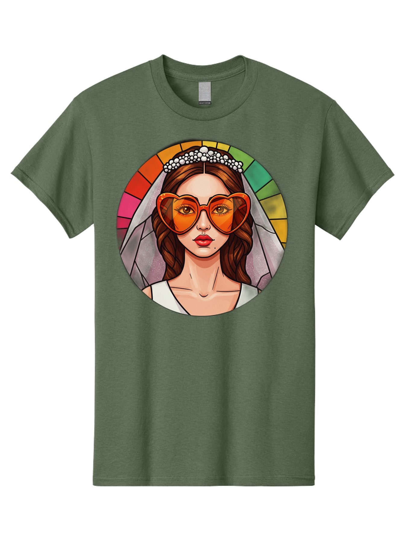 Bride-With-Heart-Shaped-Sunglasses-2 Men'S Graphic Tee, 100% Cotton, Comfortable Casual Summer Wear, Machine Washable, Cartoon Bride, Heart-Shaped Sunglasses, White Veil, Stained Glass Effect, Red Lips, Orange Shades, Wedding Attire, Baa229 7
