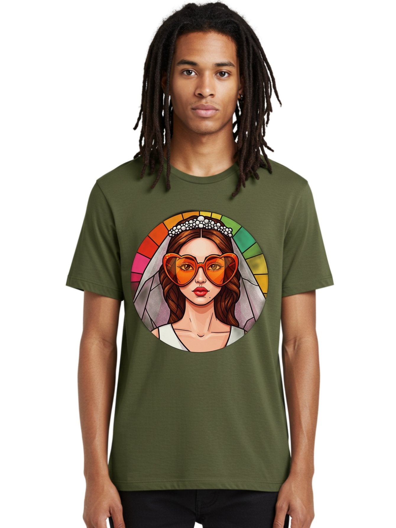 Bride-With-Heart-Shaped-Sunglasses-2 Men'S Graphic Tee, 100% Cotton, Comfortable Casual Summer Wear, Machine Washable, Cartoon Bride, Heart-Shaped Sunglasses, White Veil, Stained Glass Effect, Red Lips, Orange Shades, Wedding Attire, Baa229 16