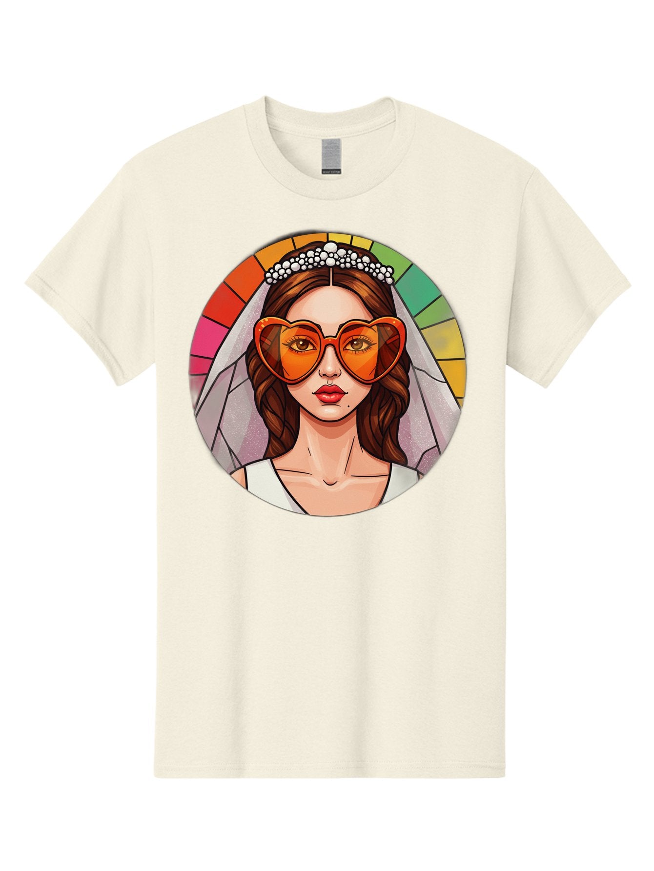 Bride-With-Heart-Shaped-Sunglasses-2 Men'S Graphic Tee, 100% Cotton, Comfortable Casual Summer Wear, Machine Washable, Cartoon Bride, Heart-Shaped Sunglasses, White Veil, Stained Glass Effect, Red Lips, Orange Shades, Wedding Attire, Baa229 4