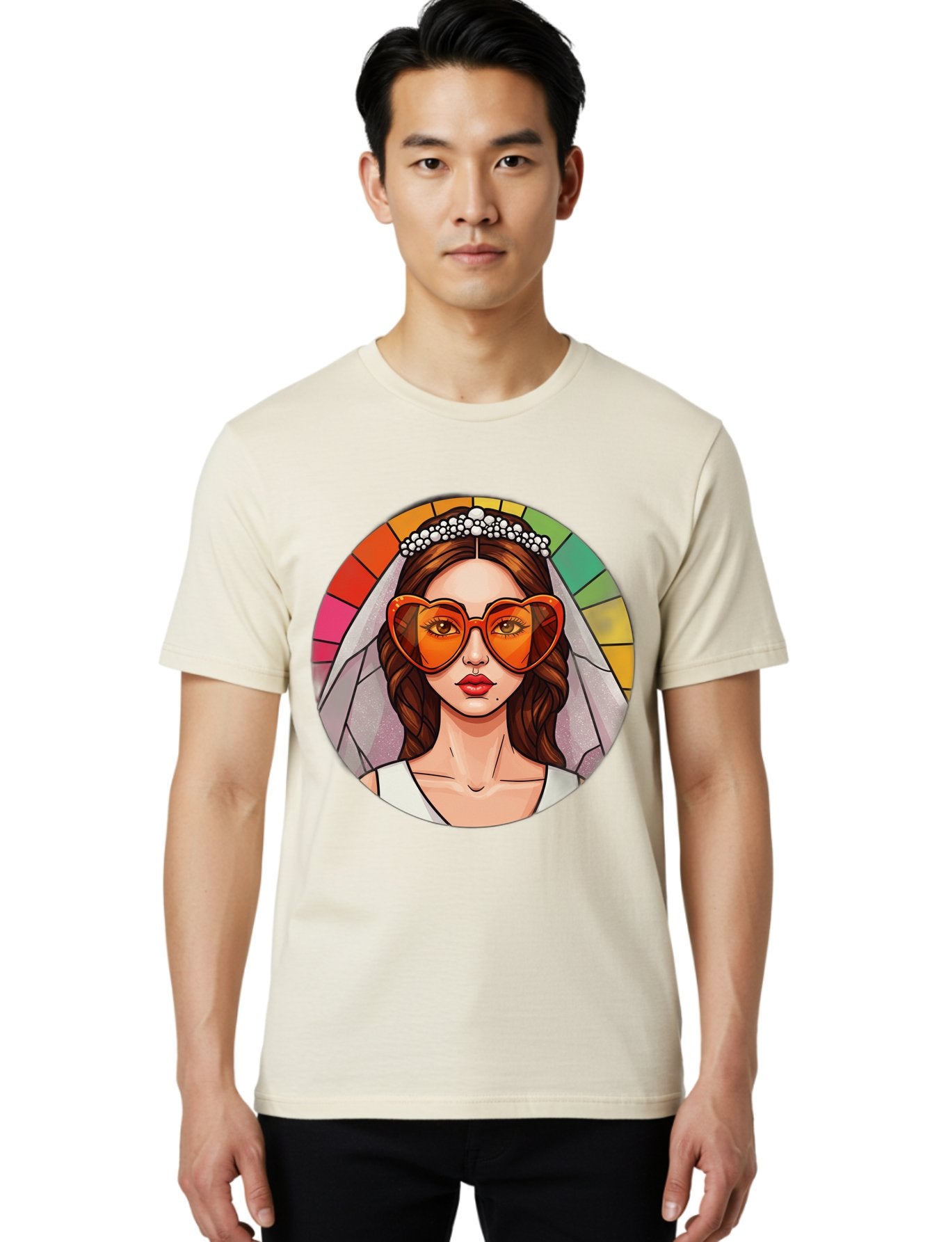 Bride-With-Heart-Shaped-Sunglasses-2 Men'S Graphic Tee, 100% Cotton, Comfortable Casual Summer Wear, Machine Washable, Cartoon Bride, Heart-Shaped Sunglasses, White Veil, Stained Glass Effect, Red Lips, Orange Shades, Wedding Attire, Baa229 18