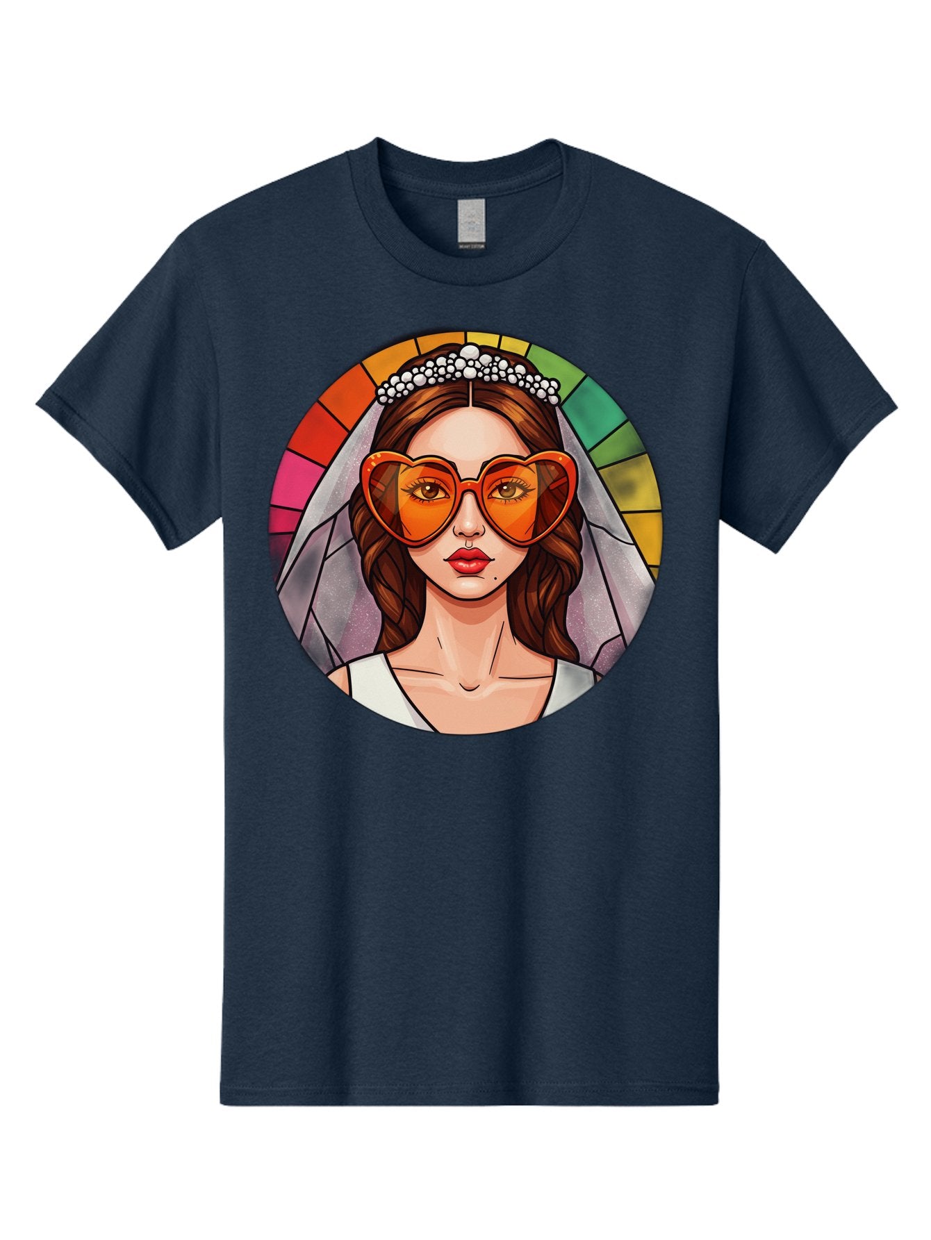 Bride-With-Heart-Shaped-Sunglasses-2 Men'S Graphic Tee, 100% Cotton, Comfortable Casual Summer Wear, Machine Washable, Cartoon Bride, Heart-Shaped Sunglasses, White Veil, Stained Glass Effect, Red Lips, Orange Shades, Wedding Attire, Baa229 3