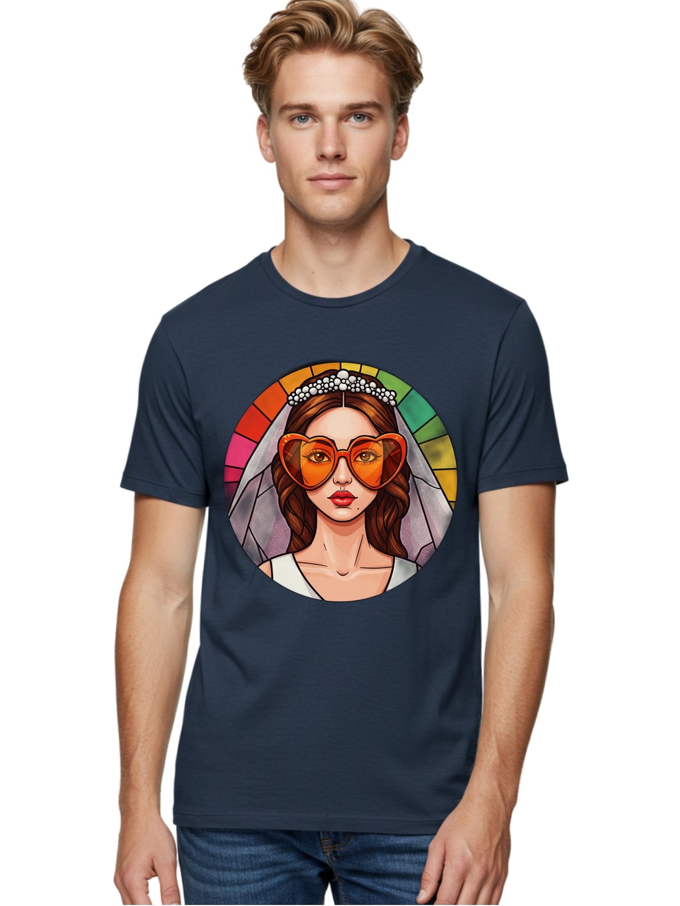 Bride-With-Heart-Shaped-Sunglasses-2 Men'S Graphic Tee, 100% Cotton, Comfortable Casual Summer Wear, Machine Washable, Cartoon Bride, Heart-Shaped Sunglasses, White Veil, Stained Glass Effect, Red Lips, Orange Shades, Wedding Attire, Baa229 22