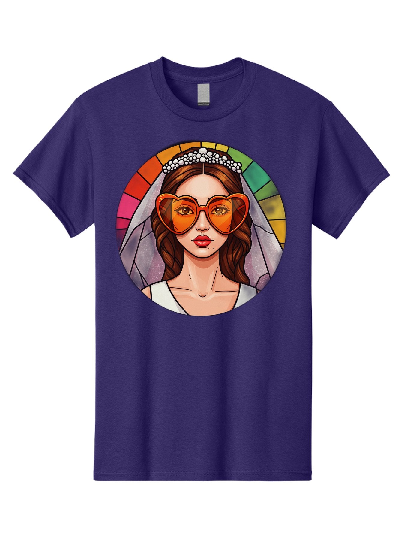 Bride-With-Heart-Shaped-Sunglasses-2 Men'S Graphic Tee, 100% Cotton, Comfortable Casual Summer Wear, Machine Washable, Cartoon Bride, Heart-Shaped Sunglasses, White Veil, Stained Glass Effect, Red Lips, Orange Shades, Wedding Attire, Baa229 8