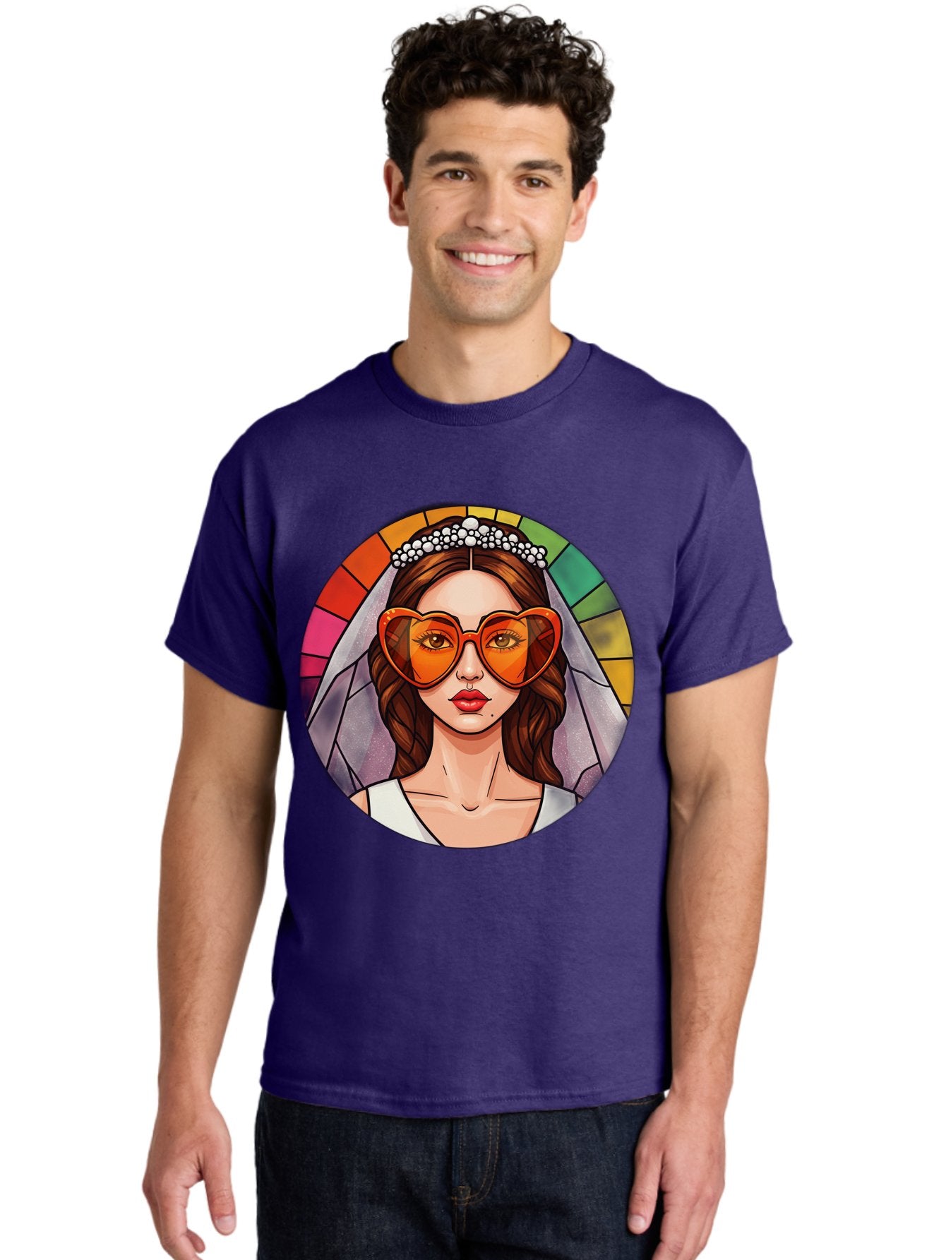 Bride-With-Heart-Shaped-Sunglasses-2 Men'S Graphic Tee, 100% Cotton, Comfortable Casual Summer Wear, Machine Washable, Cartoon Bride, Heart-Shaped Sunglasses, White Veil, Stained Glass Effect, Red Lips, Orange Shades, Wedding Attire, Baa229 25