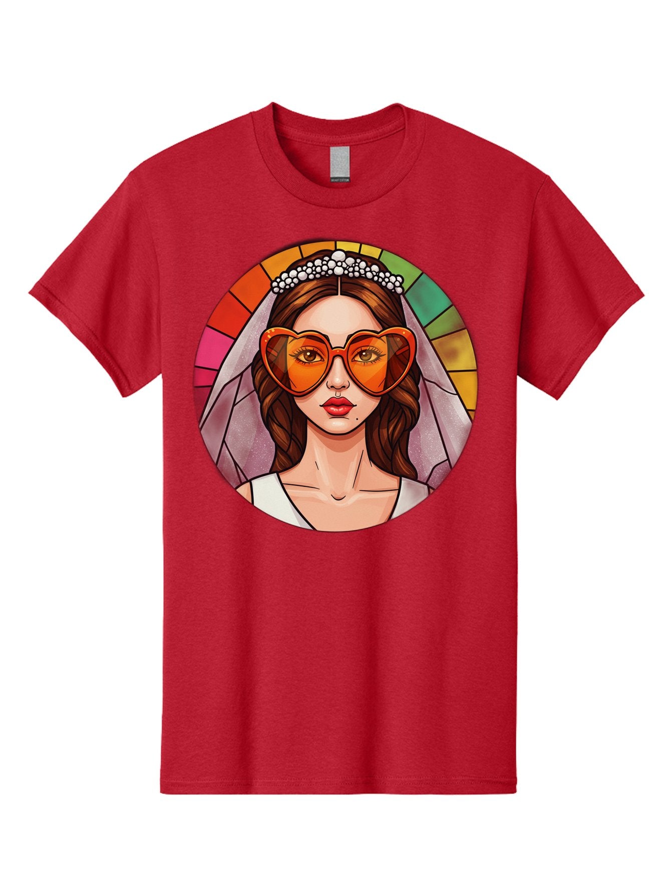 Bride-With-Heart-Shaped-Sunglasses-2 Men'S Graphic Tee, 100% Cotton, Comfortable Casual Summer Wear, Machine Washable, Cartoon Bride, Heart-Shaped Sunglasses, White Veil, Stained Glass Effect, Red Lips, Orange Shades, Wedding Attire, Baa229 10