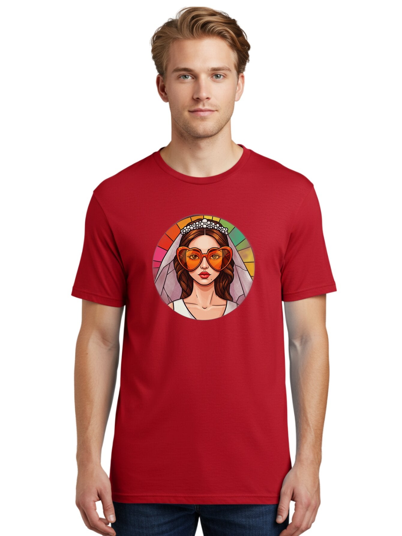 Bride-With-Heart-Shaped-Sunglasses-2 Men'S Graphic Tee, 100% Cotton, Comfortable Casual Summer Wear, Machine Washable, Cartoon Bride, Heart-Shaped Sunglasses, White Veil, Stained Glass Effect, Red Lips, Orange Shades, Wedding Attire, Baa229 17