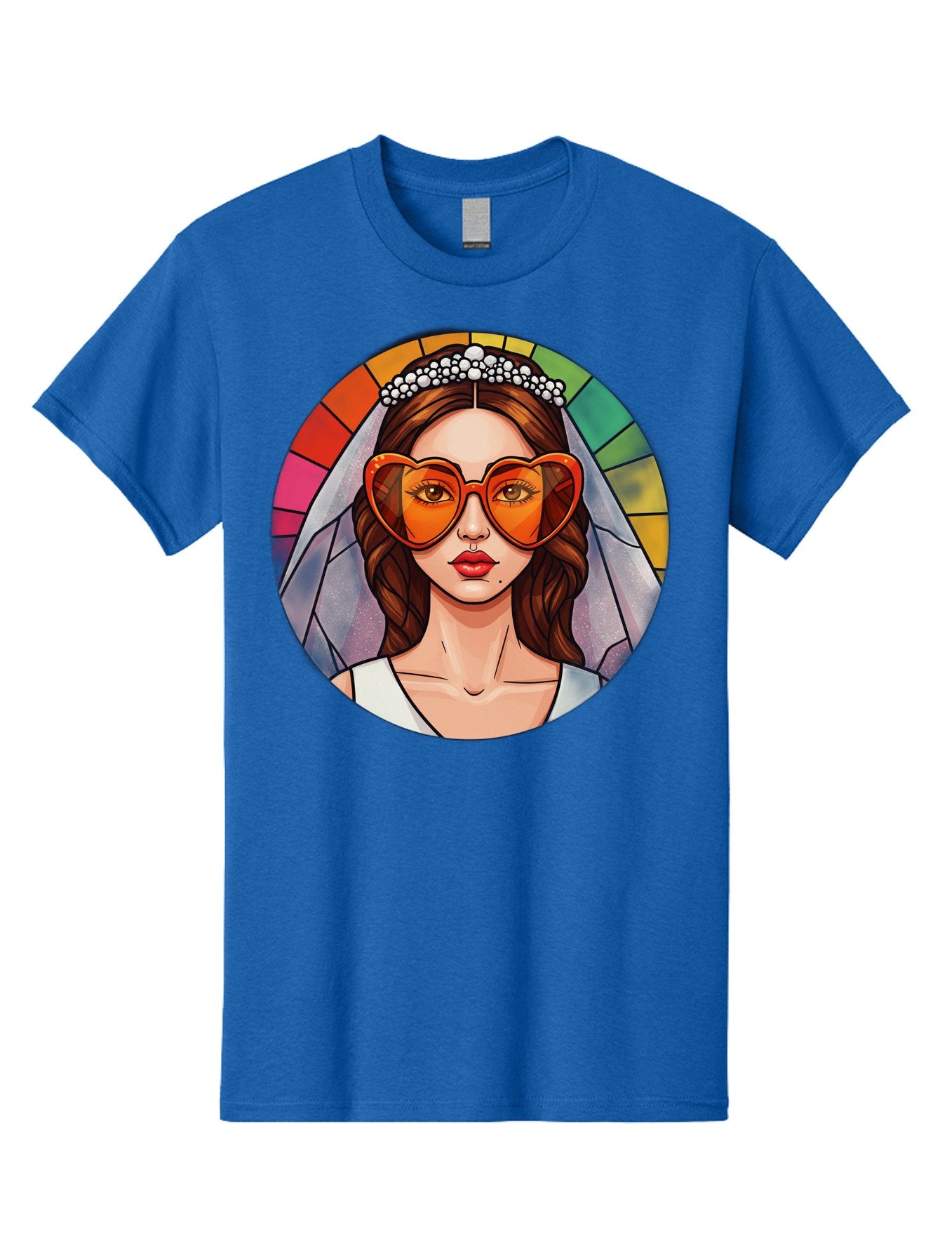 Bride-With-Heart-Shaped-Sunglasses-2 Men'S Graphic Tee, 100% Cotton, Comfortable Casual Summer Wear, Machine Washable, Cartoon Bride, Heart-Shaped Sunglasses, White Veil, Stained Glass Effect, Red Lips, Orange Shades, Wedding Attire, Baa229 15