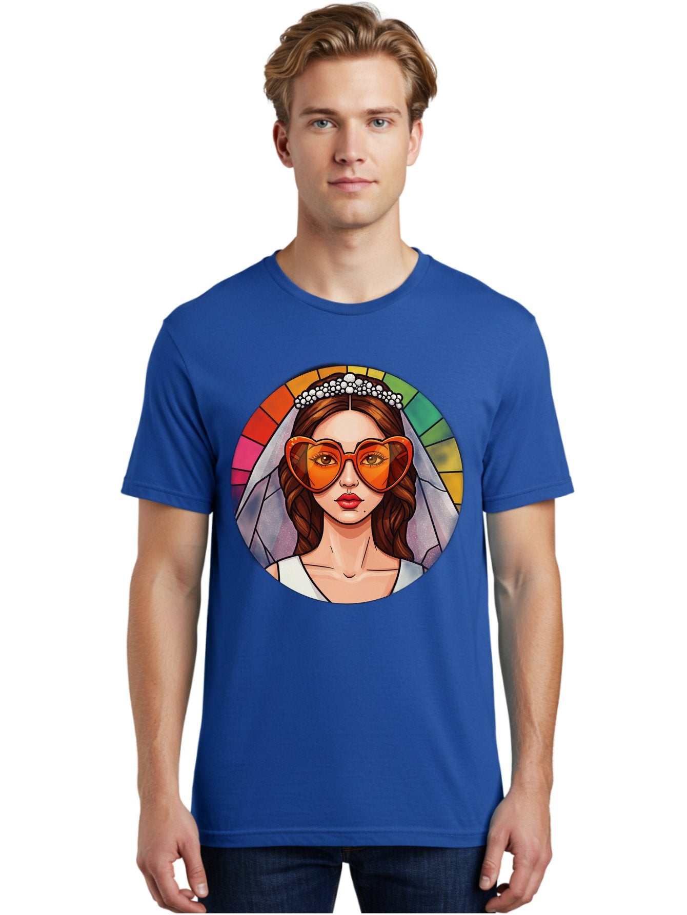 Bride-With-Heart-Shaped-Sunglasses-2 Men'S Graphic Tee, 100% Cotton, Comfortable Casual Summer Wear, Machine Washable, Cartoon Bride, Heart-Shaped Sunglasses, White Veil, Stained Glass Effect, Red Lips, Orange Shades, Wedding Attire, Baa229 30