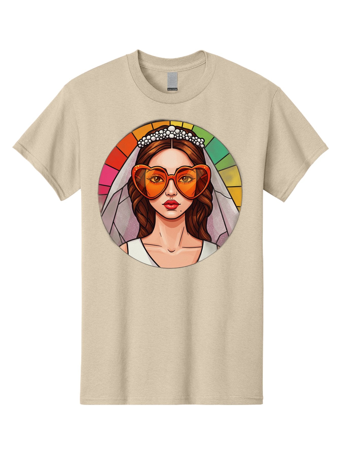 Bride-With-Heart-Shaped-Sunglasses-2 Men'S Graphic Tee, 100% Cotton, Comfortable Casual Summer Wear, Machine Washable, Cartoon Bride, Heart-Shaped Sunglasses, White Veil, Stained Glass Effect, Red Lips, Orange Shades, Wedding Attire, Baa229 5