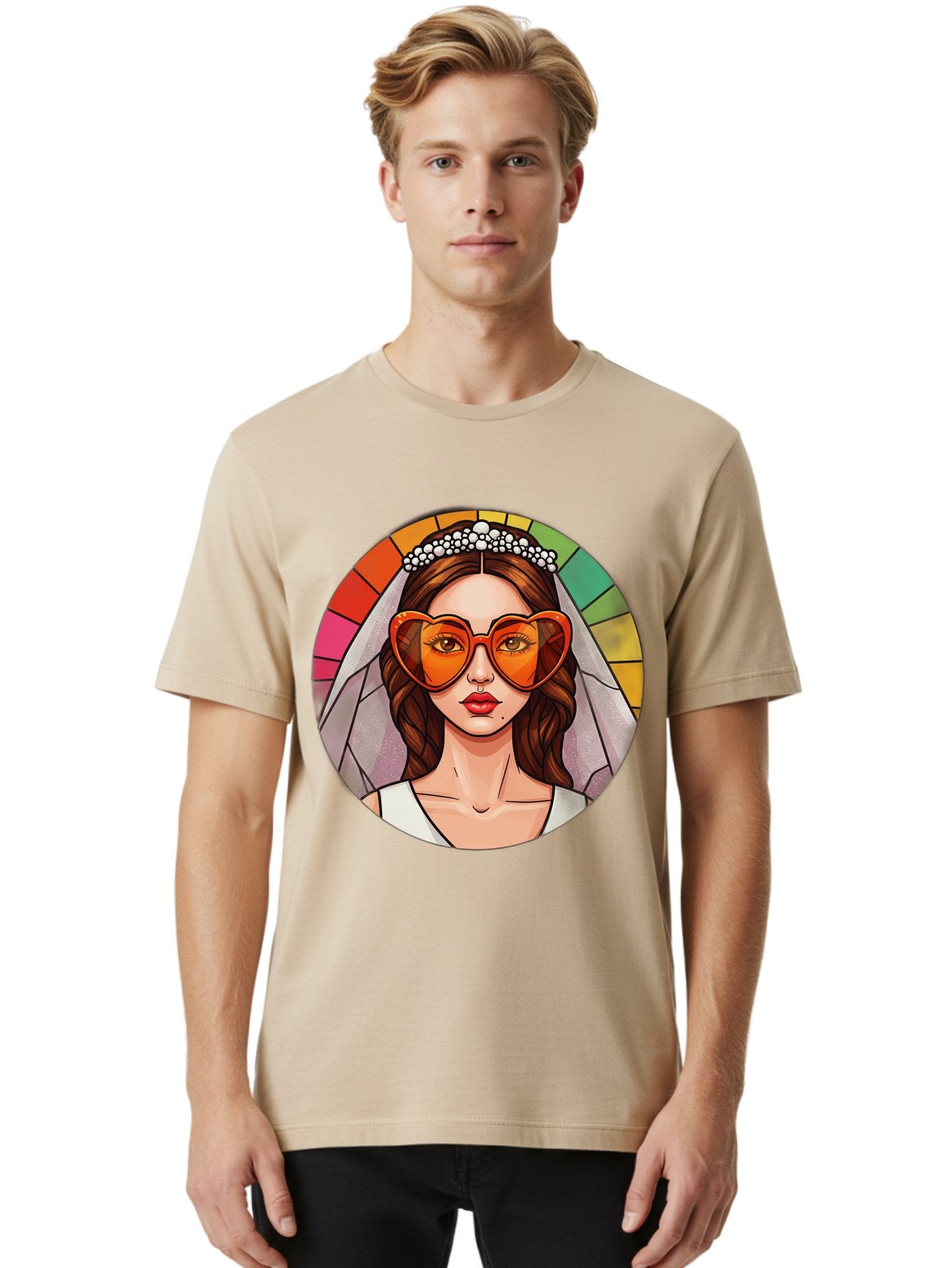 Bride-With-Heart-Shaped-Sunglasses-2 Men'S Graphic Tee, 100% Cotton, Comfortable Casual Summer Wear, Machine Washable, Cartoon Bride, Heart-Shaped Sunglasses, White Veil, Stained Glass Effect, Red Lips, Orange Shades, Wedding Attire, Baa229 23