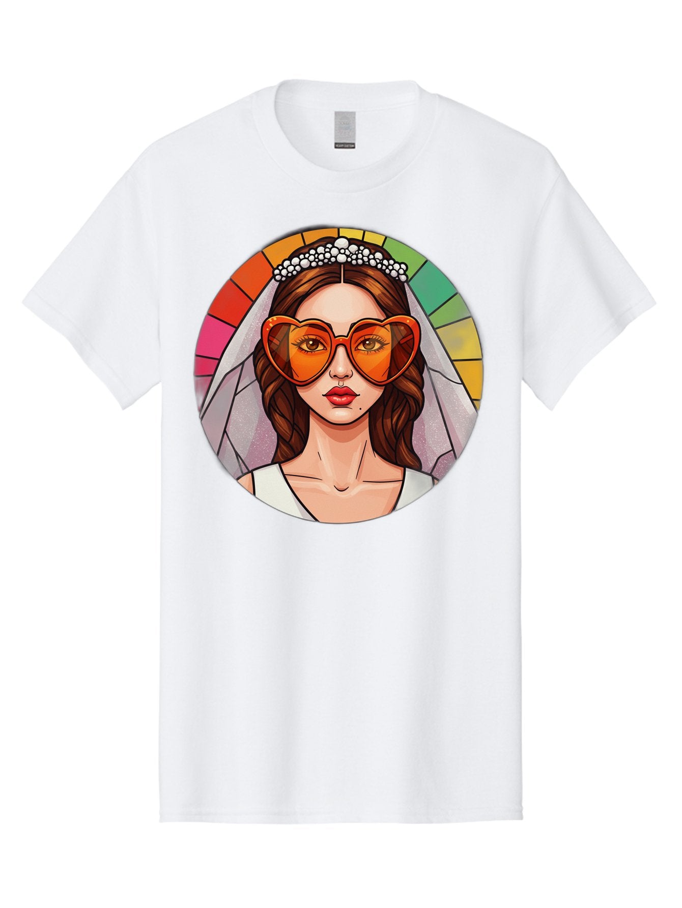 Bride-With-Heart-Shaped-Sunglasses-2 Men'S Graphic Tee, 100% Cotton, Comfortable Casual Summer Wear, Machine Washable, Cartoon Bride, Heart-Shaped Sunglasses, White Veil, Stained Glass Effect, Red Lips, Orange Shades, Wedding Attire, Baa229
