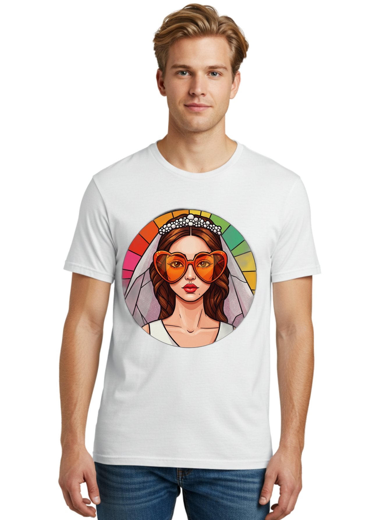 Bride-With-Heart-Shaped-Sunglasses-2 Men'S Graphic Tee, 100% Cotton, Comfortable Casual Summer Wear, Machine Washable, Cartoon Bride, Heart-Shaped Sunglasses, White Veil, Stained Glass Effect, Red Lips, Orange Shades, Wedding Attire, Baa229 19