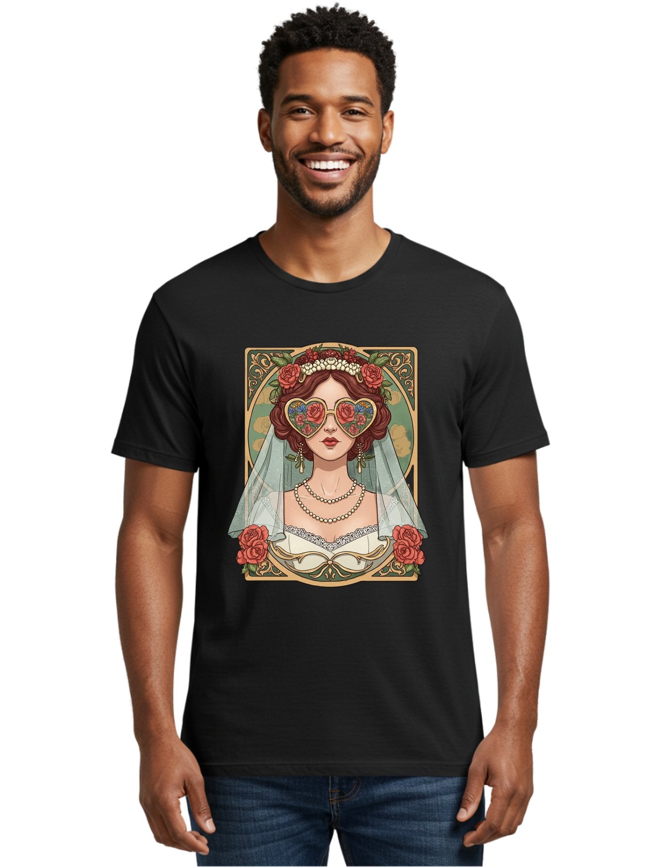 Bride-With-Heart-Shaped-Sunglasses-3 Men'S Graphic Tee, 100% Cotton, Comfortable Casual Summer Wear, Machine Washable, Bride Wearing Heart-Shaped Sunglasses, Floral Pattern, Vintage Style, Ornate Frame, White Wedding Dress, Red Roses, Baa230 28