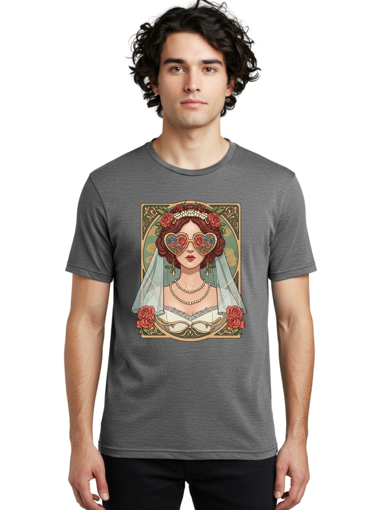 Bride-With-Heart-Shaped-Sunglasses-3 Men'S Graphic Tee, 100% Cotton, Comfortable Casual Summer Wear, Machine Washable, Bride Wearing Heart-Shaped Sunglasses, Floral Pattern, Vintage Style, Ornate Frame, White Wedding Dress, Red Roses, Baa230 21