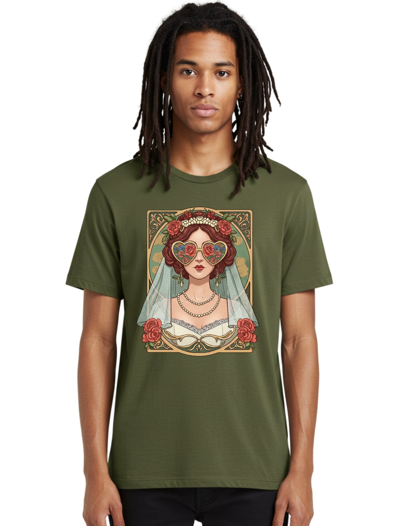 Bride-With-Heart-Shaped-Sunglasses-3 Men'S Graphic Tee, 100% Cotton, Comfortable Casual Summer Wear, Machine Washable, Bride Wearing Heart-Shaped Sunglasses, Floral Pattern, Vintage Style, Ornate Frame, White Wedding Dress, Red Roses, Baa230 16