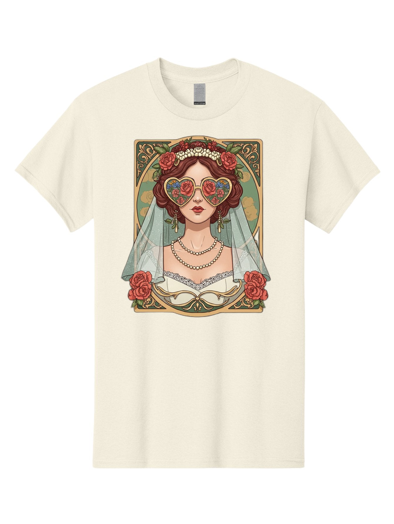 Bride-With-Heart-Shaped-Sunglasses-3 Men'S Graphic Tee, 100% Cotton, Comfortable Casual Summer Wear, Machine Washable, Bride Wearing Heart-Shaped Sunglasses, Floral Pattern, Vintage Style, Ornate Frame, White Wedding Dress, Red Roses, Baa230 3