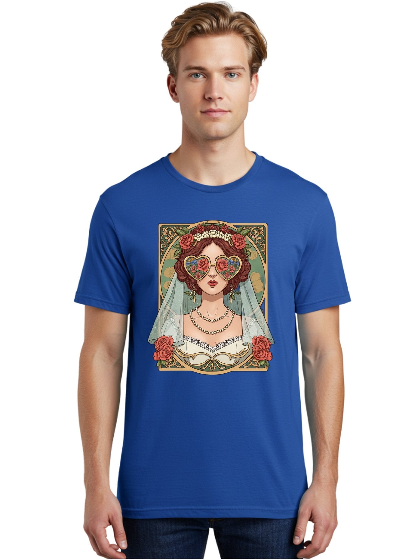 Bride-With-Heart-Shaped-Sunglasses-3 Men'S Graphic Tee, 100% Cotton, Comfortable Casual Summer Wear, Machine Washable, Bride Wearing Heart-Shaped Sunglasses, Floral Pattern, Vintage Style, Ornate Frame, White Wedding Dress, Red Roses, Baa230 24