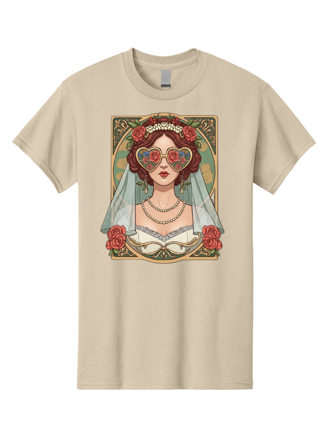 Bride-With-Heart-Shaped-Sunglasses-3 Men'S Graphic Tee, 100% Cotton, Comfortable Casual Summer Wear, Machine Washable, Bride Wearing Heart-Shaped Sunglasses, Floral Pattern, Vintage Style, Ornate Frame, White Wedding Dress, Red Roses, Baa230 4
