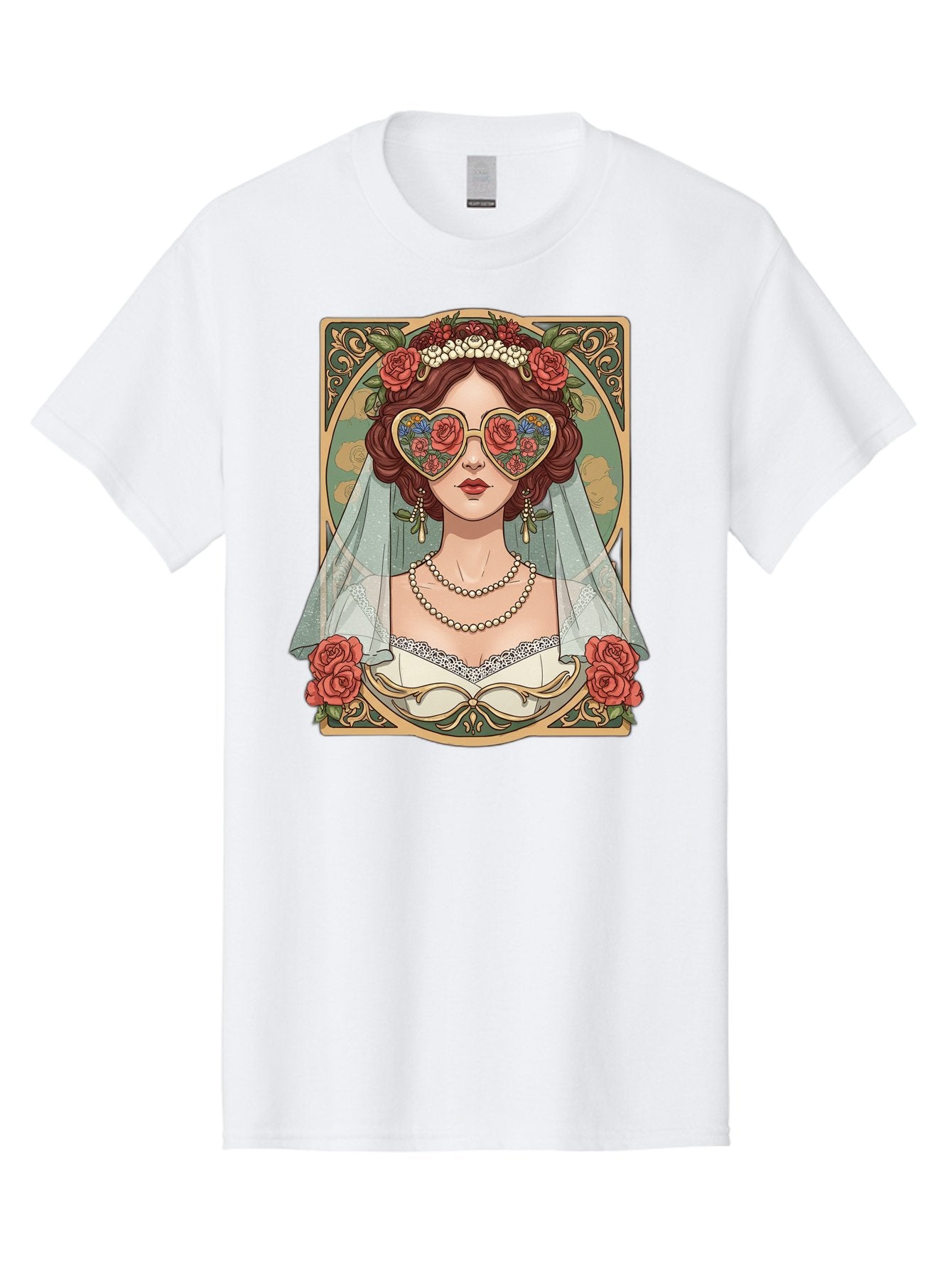Bride-With-Heart-Shaped-Sunglasses-3 Men'S Graphic Tee, 100% Cotton, Comfortable Casual Summer Wear, Machine Washable, Bride Wearing Heart-Shaped Sunglasses, Floral Pattern, Vintage Style, Ornate Frame, White Wedding Dress, Red Roses, Baa230 10