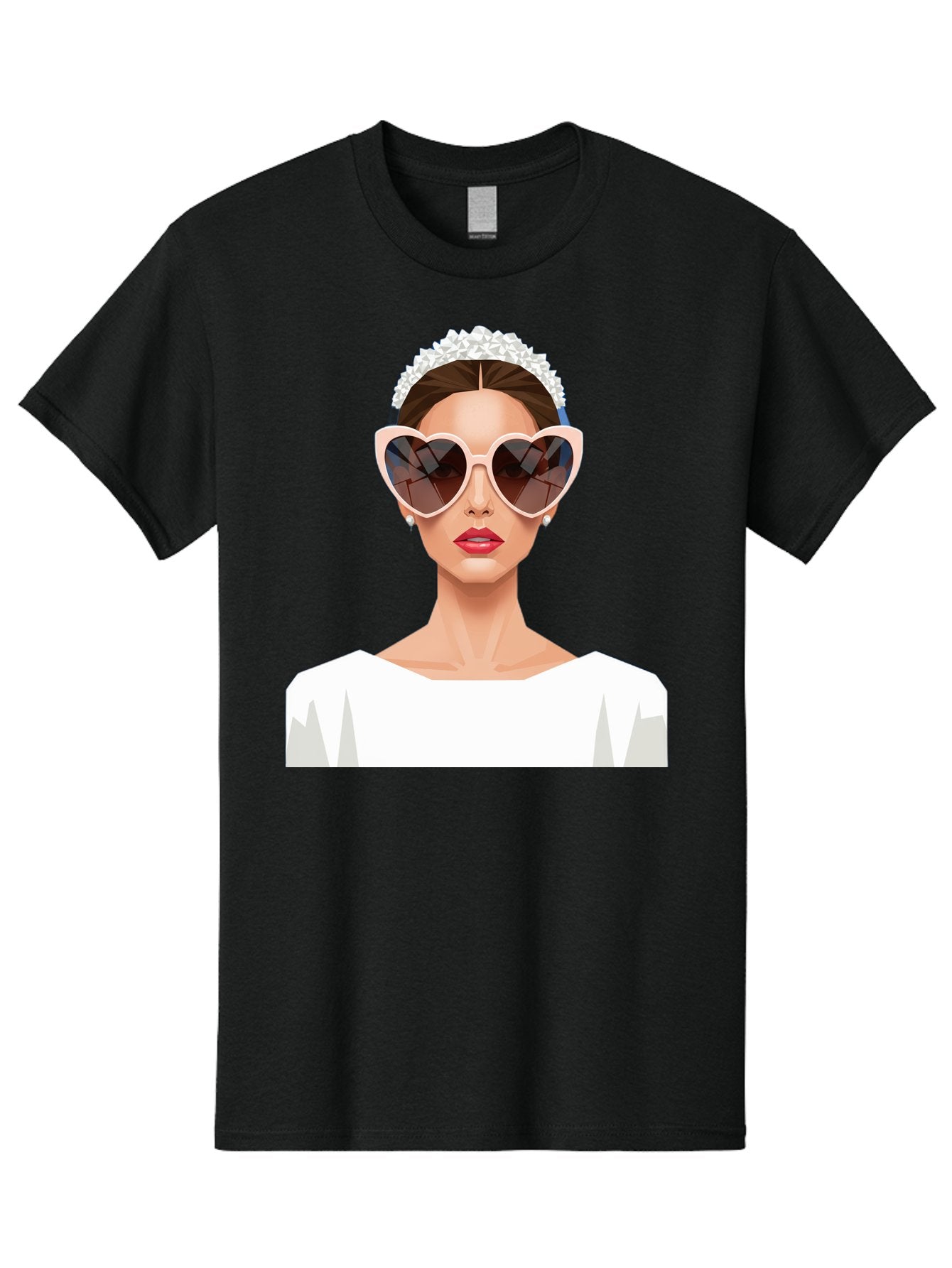 Bride-With-Heart-Shaped-Sunglasses-4 Men'S Graphic Tee, 100% Cotton, Comfortable Casual Summer Wear, Machine Washable, Bride With Heart-Shaped Sunglasses, White Wedding Dress, Floral Headband, Red Lips, Stylish Accessories, Baa231 7