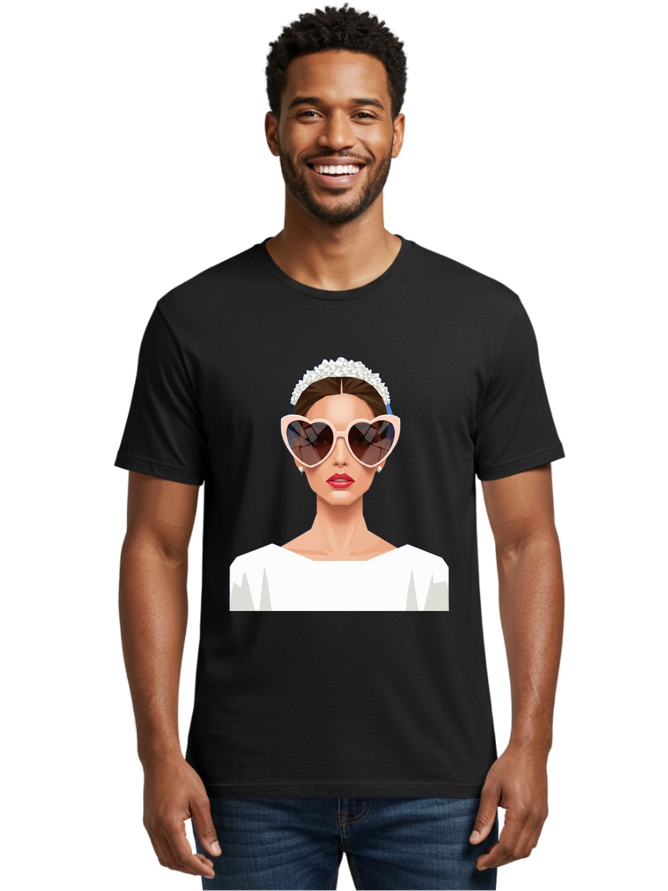 Bride-With-Heart-Shaped-Sunglasses-4 Men'S Graphic Tee, 100% Cotton, Comfortable Casual Summer Wear, Machine Washable, Bride With Heart-Shaped Sunglasses, White Wedding Dress, Floral Headband, Red Lips, Stylish Accessories, Baa231 16
