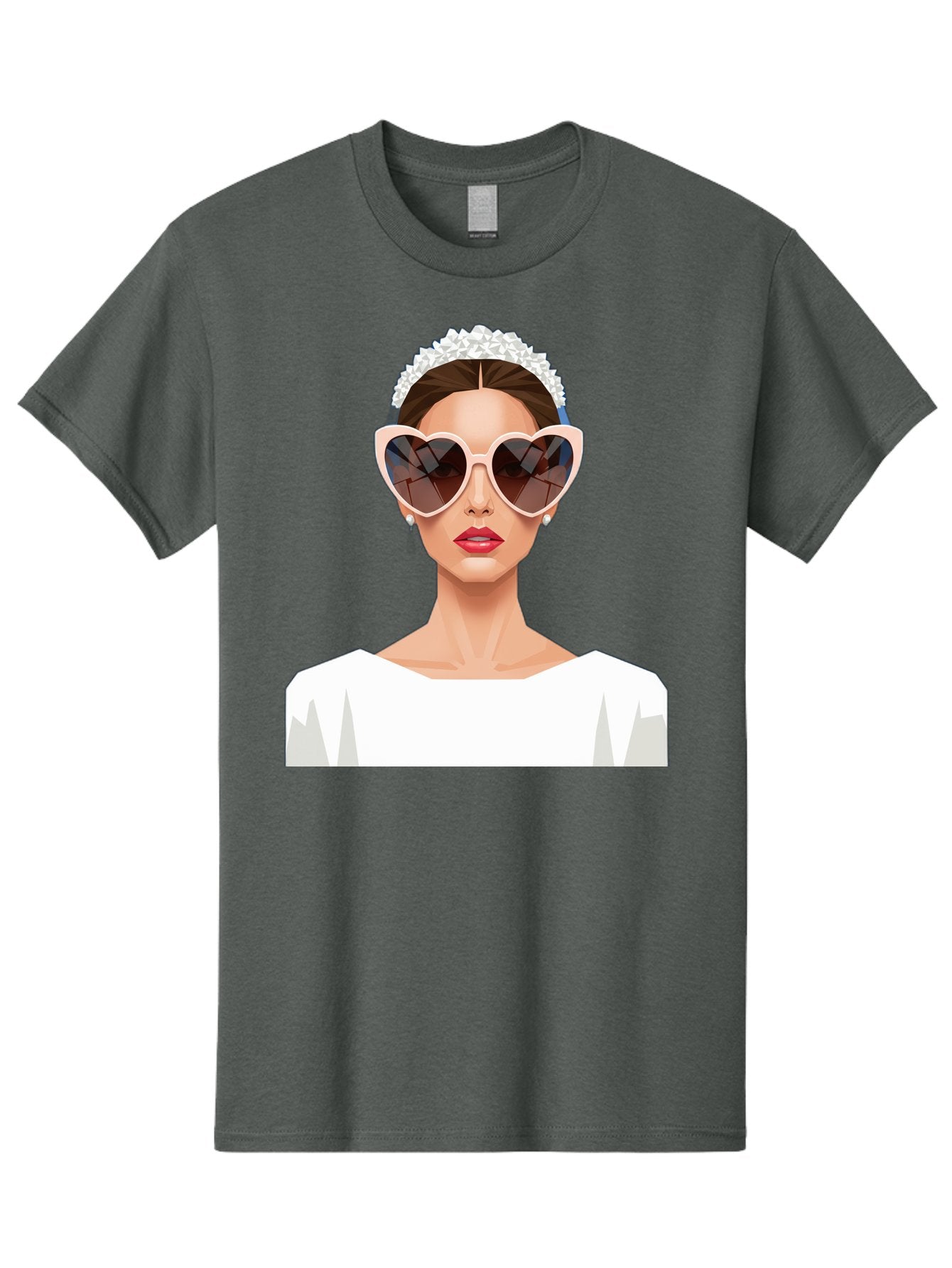 Bride-With-Heart-Shaped-Sunglasses-4 Men'S Graphic Tee, 100% Cotton, Comfortable Casual Summer Wear, Machine Washable, Bride With Heart-Shaped Sunglasses, White Wedding Dress, Floral Headband, Red Lips, Stylish Accessories, Baa231 8