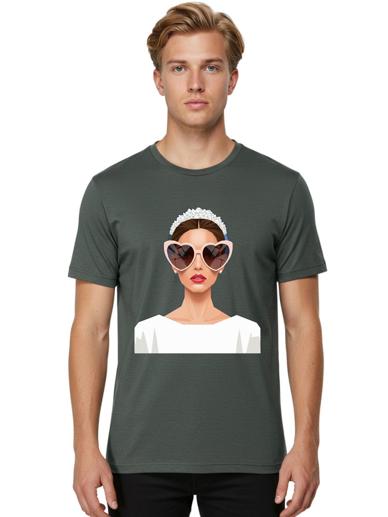 Bride-With-Heart-Shaped-Sunglasses-4 Men'S Graphic Tee, 100% Cotton, Comfortable Casual Summer Wear, Machine Washable, Bride With Heart-Shaped Sunglasses, White Wedding Dress, Floral Headband, Red Lips, Stylish Accessories, Baa231 25