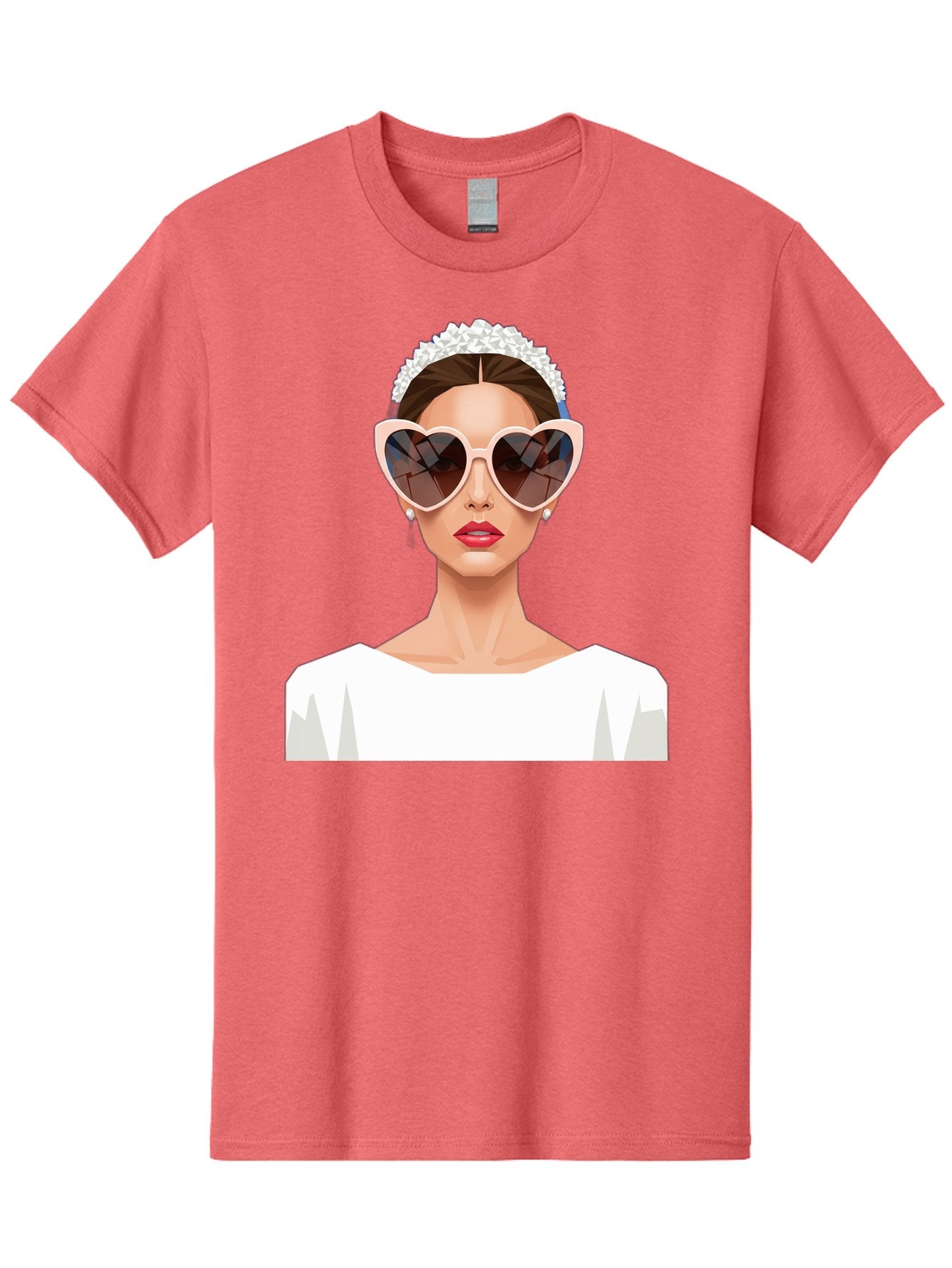 Bride-With-Heart-Shaped-Sunglasses-4 Men'S Graphic Tee, 100% Cotton, Comfortable Casual Summer Wear, Machine Washable, Bride With Heart-Shaped Sunglasses, White Wedding Dress, Floral Headband, Red Lips, Stylish Accessories, Baa231 12