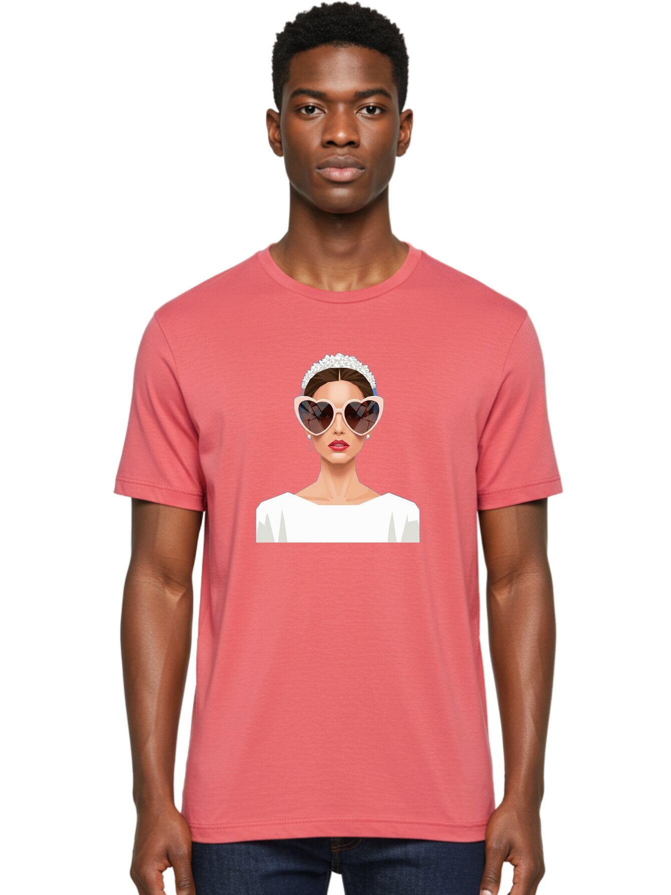 Bride-With-Heart-Shaped-Sunglasses-4 Men'S Graphic Tee, 100% Cotton, Comfortable Casual Summer Wear, Machine Washable, Bride With Heart-Shaped Sunglasses, White Wedding Dress, Floral Headband, Red Lips, Stylish Accessories, Baa231 28