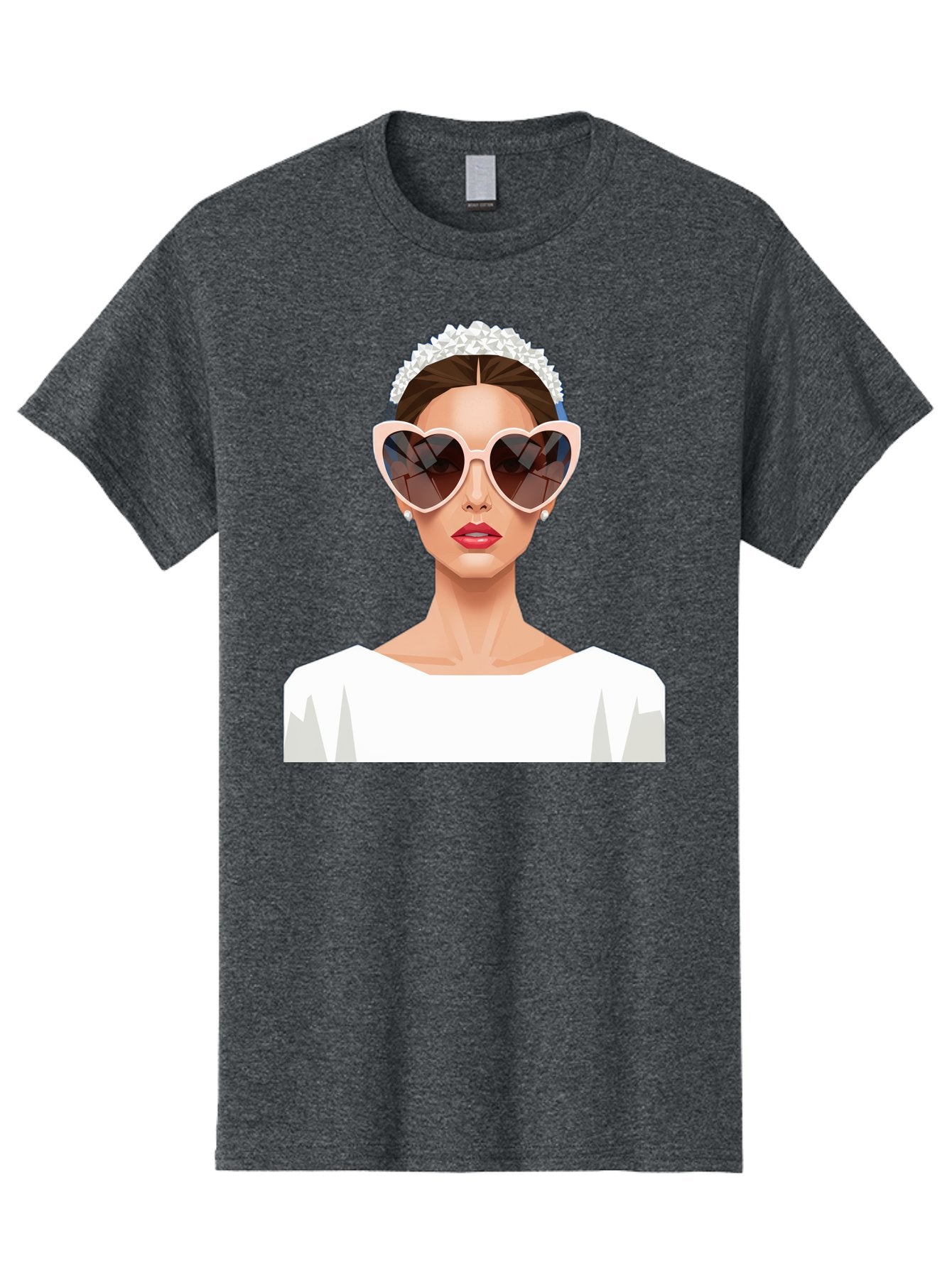 Bride-With-Heart-Shaped-Sunglasses-4 Men'S Graphic Tee, 100% Cotton, Comfortable Casual Summer Wear, Machine Washable, Bride With Heart-Shaped Sunglasses, White Wedding Dress, Floral Headband, Red Lips, Stylish Accessories, Baa231 13