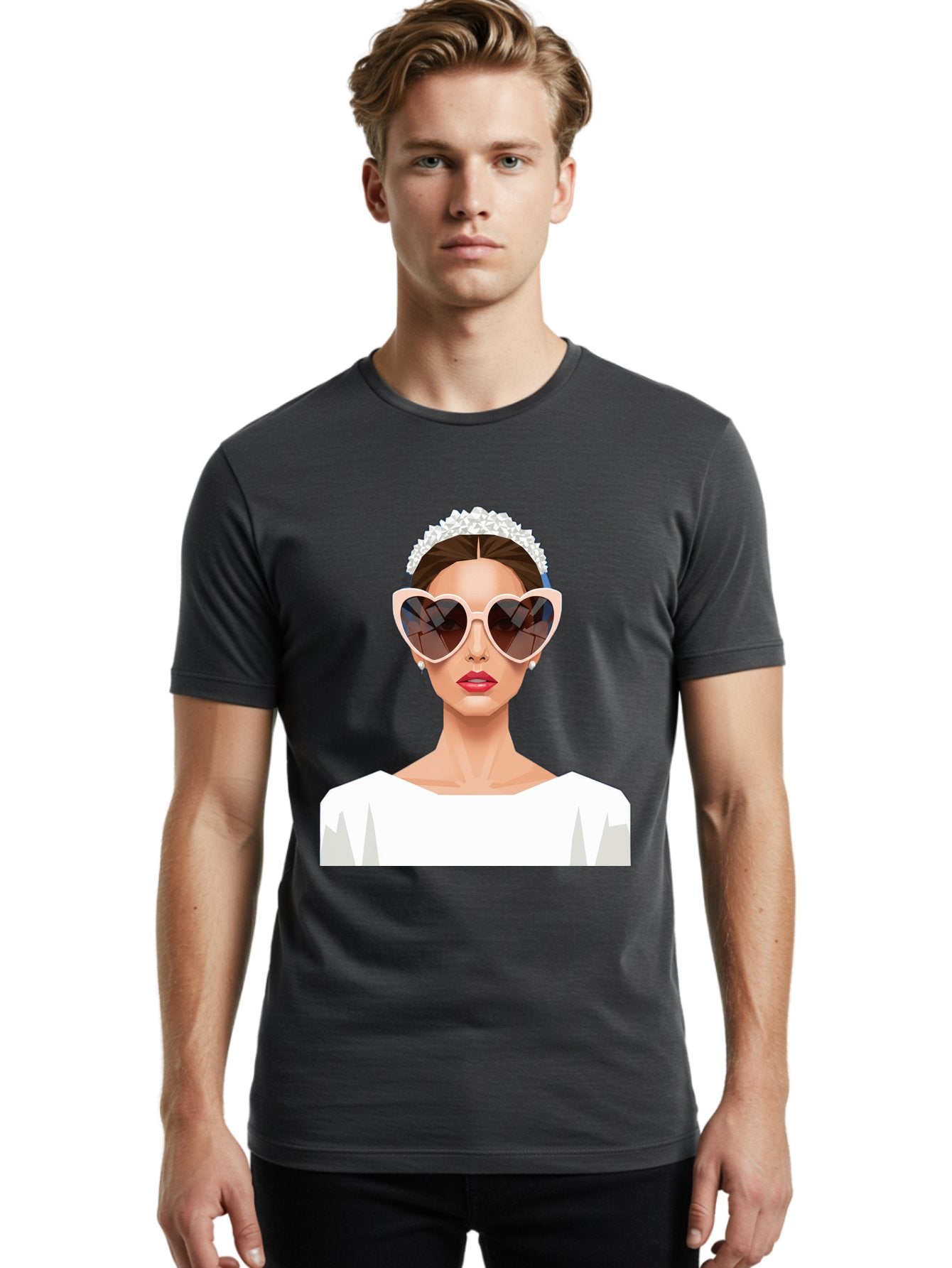 Bride-With-Heart-Shaped-Sunglasses-4 Men'S Graphic Tee, 100% Cotton, Comfortable Casual Summer Wear, Machine Washable, Bride With Heart-Shaped Sunglasses, White Wedding Dress, Floral Headband, Red Lips, Stylish Accessories, Baa231 20