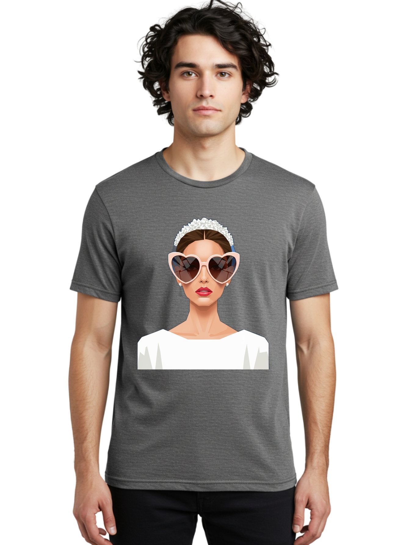 Bride-With-Heart-Shaped-Sunglasses-4 Men'S Graphic Tee, 100% Cotton, Comfortable Casual Summer Wear, Machine Washable, Bride With Heart-Shaped Sunglasses, White Wedding Dress, Floral Headband, Red Lips, Stylish Accessories, Baa231 29