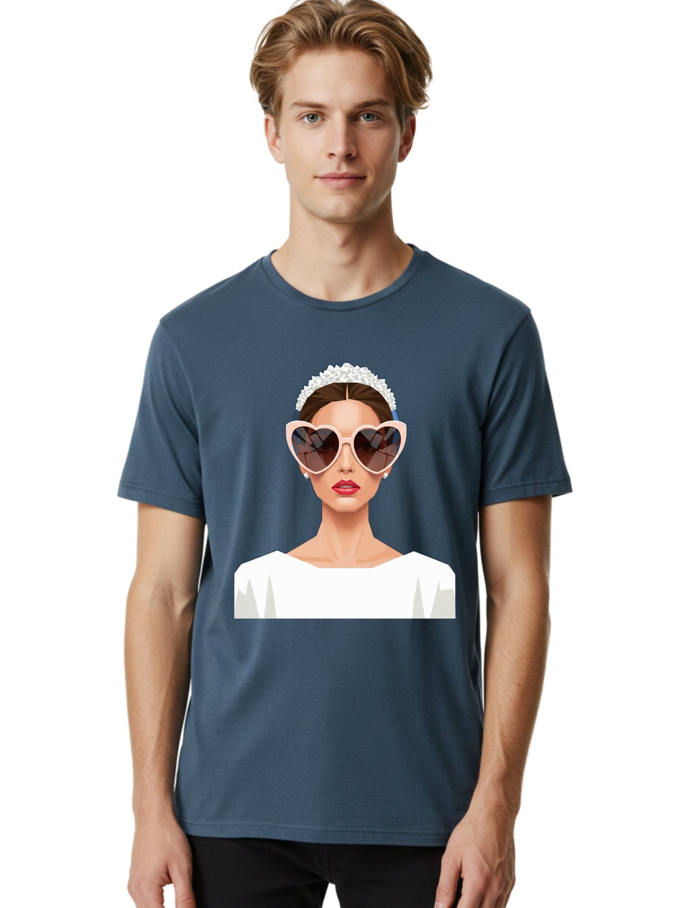 Bride-With-Heart-Shaped-Sunglasses-4 Men'S Graphic Tee, 100% Cotton, Comfortable Casual Summer Wear, Machine Washable, Bride With Heart-Shaped Sunglasses, White Wedding Dress, Floral Headband, Red Lips, Stylish Accessories, Baa231 17
