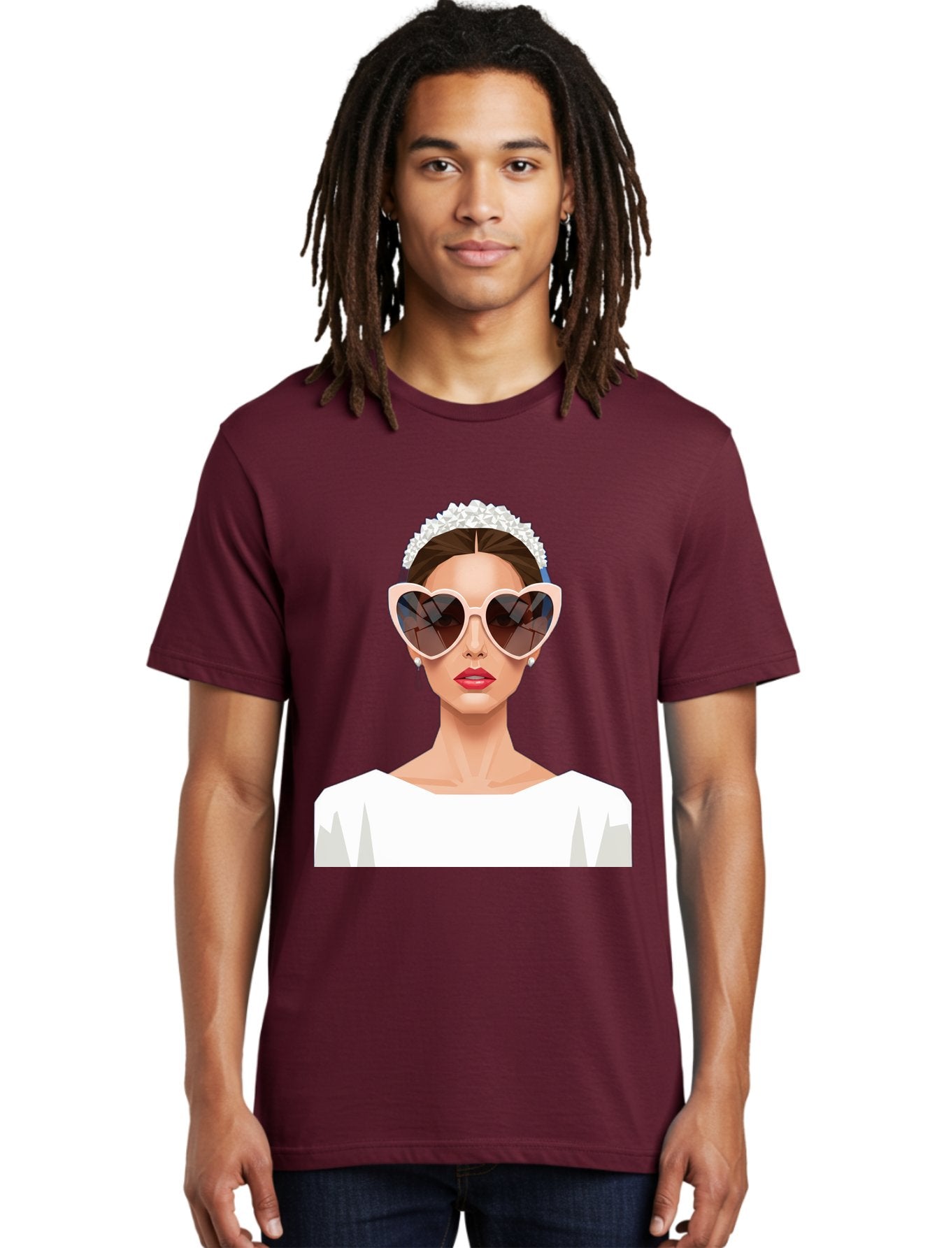 Bride-With-Heart-Shaped-Sunglasses-4 Men'S Graphic Tee, 100% Cotton, Comfortable Casual Summer Wear, Machine Washable, Bride With Heart-Shaped Sunglasses, White Wedding Dress, Floral Headband, Red Lips, Stylish Accessories, Baa231 18