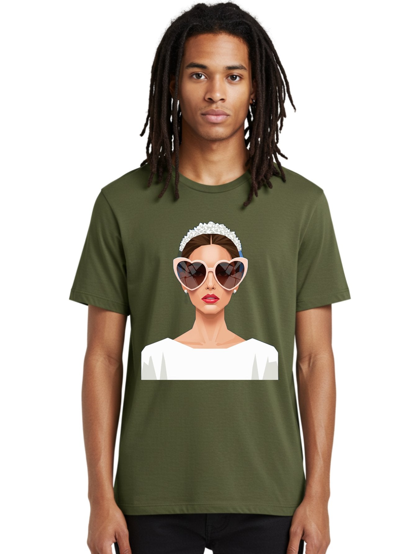 Bride-With-Heart-Shaped-Sunglasses-4 Men'S Graphic Tee, 100% Cotton, Comfortable Casual Summer Wear, Machine Washable, Bride With Heart-Shaped Sunglasses, White Wedding Dress, Floral Headband, Red Lips, Stylish Accessories, Baa231 19