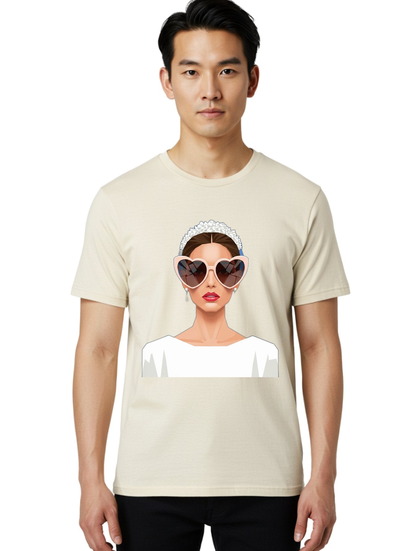 Bride-With-Heart-Shaped-Sunglasses-4 Men'S Graphic Tee, 100% Cotton, Comfortable Casual Summer Wear, Machine Washable, Bride With Heart-Shaped Sunglasses, White Wedding Dress, Floral Headband, Red Lips, Stylish Accessories, Baa231 23