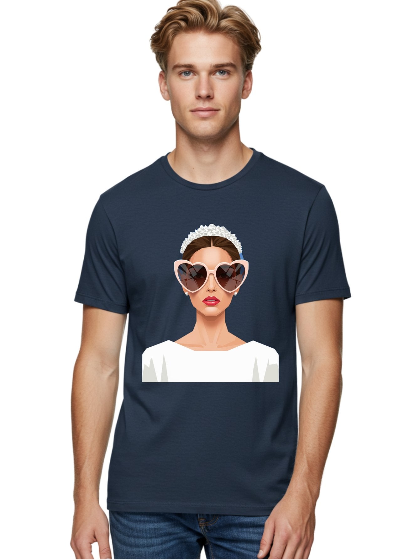 Bride-With-Heart-Shaped-Sunglasses-4 Men'S Graphic Tee, 100% Cotton, Comfortable Casual Summer Wear, Machine Washable, Bride With Heart-Shaped Sunglasses, White Wedding Dress, Floral Headband, Red Lips, Stylish Accessories, Baa231 21