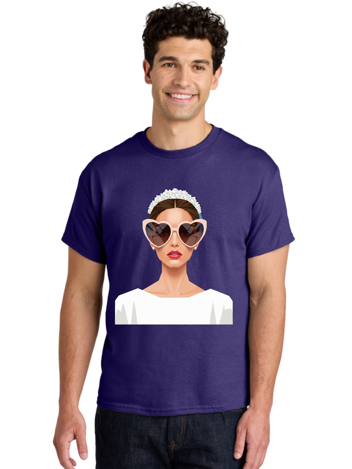 Bride-With-Heart-Shaped-Sunglasses-4 Men'S Graphic Tee, 100% Cotton, Comfortable Casual Summer Wear, Machine Washable, Bride With Heart-Shaped Sunglasses, White Wedding Dress, Floral Headband, Red Lips, Stylish Accessories, Baa231 22