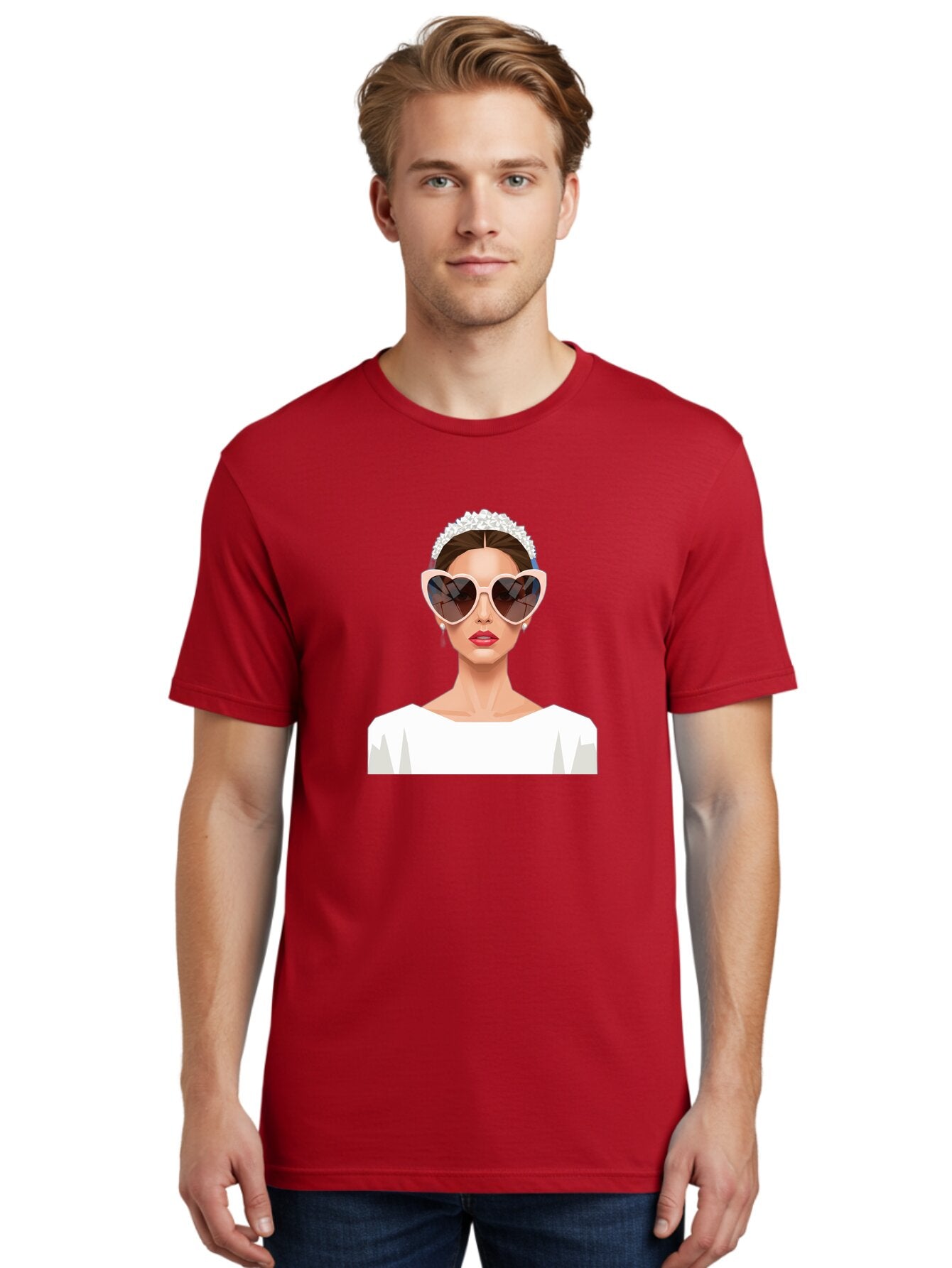 Bride-With-Heart-Shaped-Sunglasses-4 Men'S Graphic Tee, 100% Cotton, Comfortable Casual Summer Wear, Machine Washable, Bride With Heart-Shaped Sunglasses, White Wedding Dress, Floral Headband, Red Lips, Stylish Accessories, Baa231 30