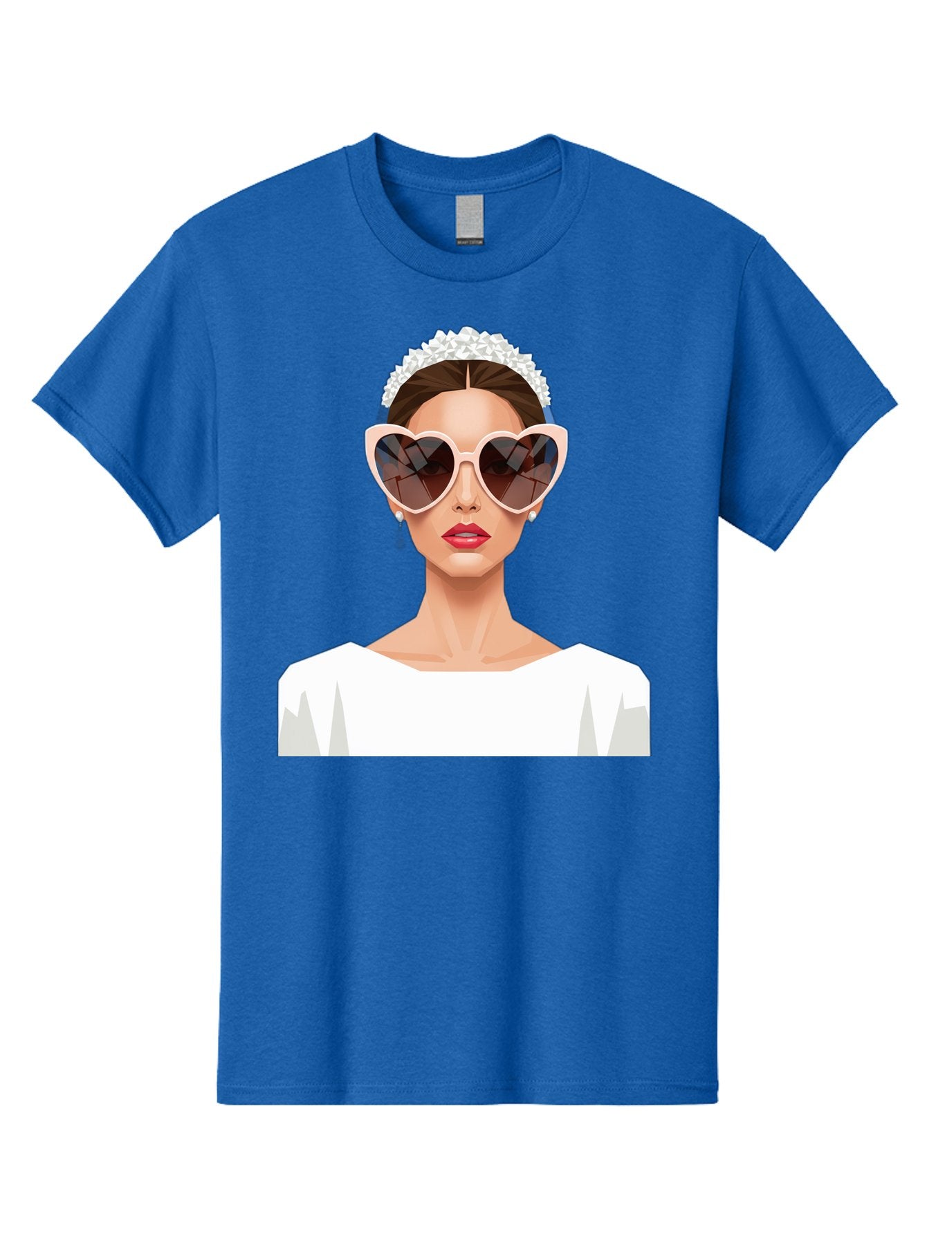 Bride-With-Heart-Shaped-Sunglasses-4 Men'S Graphic Tee, 100% Cotton, Comfortable Casual Summer Wear, Machine Washable, Bride With Heart-Shaped Sunglasses, White Wedding Dress, Floral Headband, Red Lips, Stylish Accessories, Baa231 6