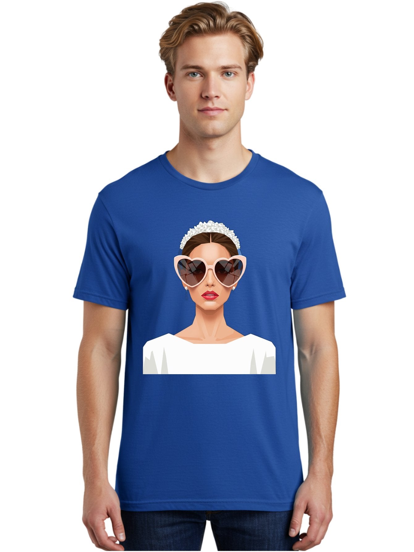 Bride-With-Heart-Shaped-Sunglasses-4 Men'S Graphic Tee, 100% Cotton, Comfortable Casual Summer Wear, Machine Washable, Bride With Heart-Shaped Sunglasses, White Wedding Dress, Floral Headband, Red Lips, Stylish Accessories, Baa231 24