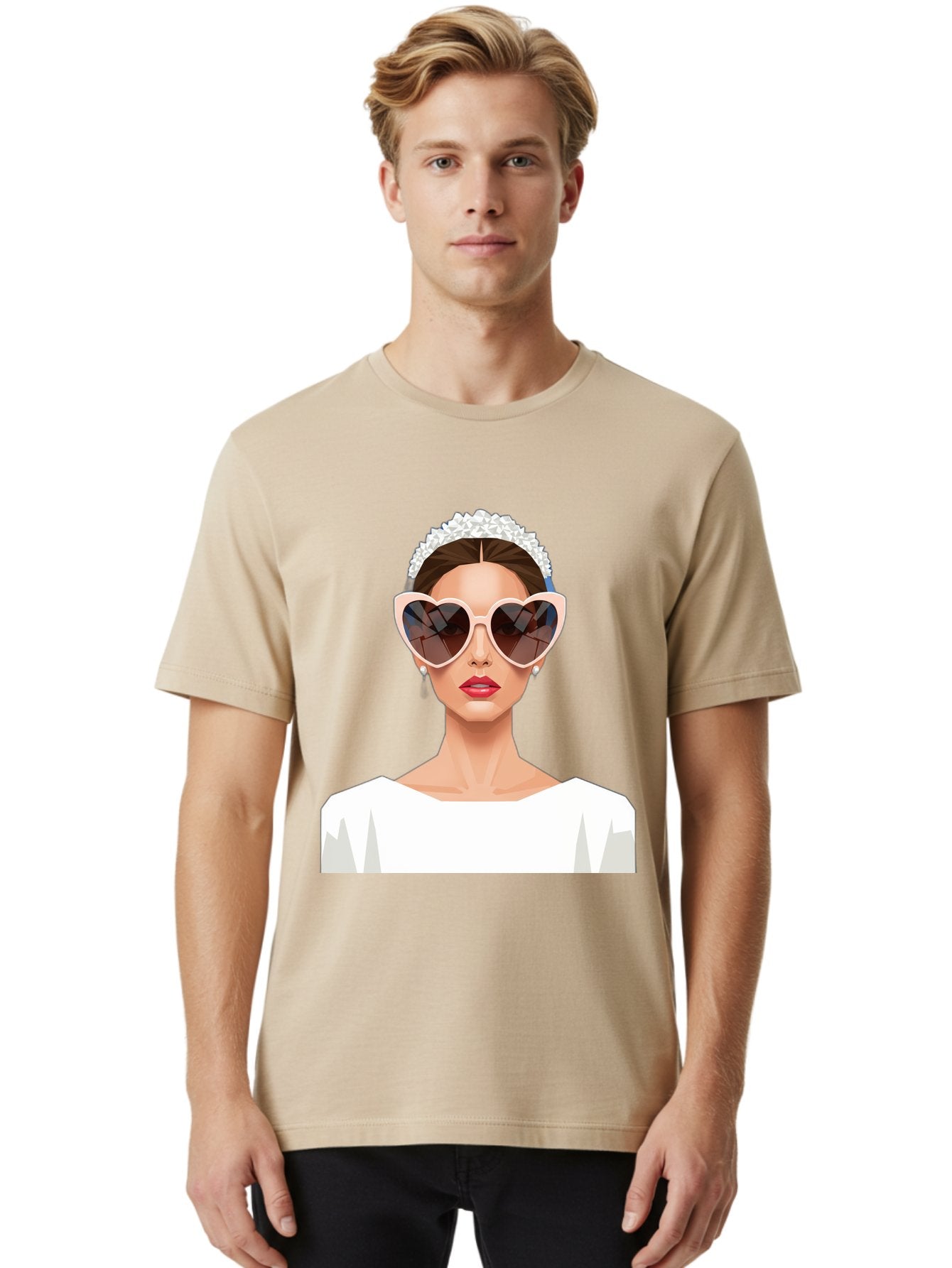 Bride-With-Heart-Shaped-Sunglasses-4 Men'S Graphic Tee, 100% Cotton, Comfortable Casual Summer Wear, Machine Washable, Bride With Heart-Shaped Sunglasses, White Wedding Dress, Floral Headband, Red Lips, Stylish Accessories, Baa231 27