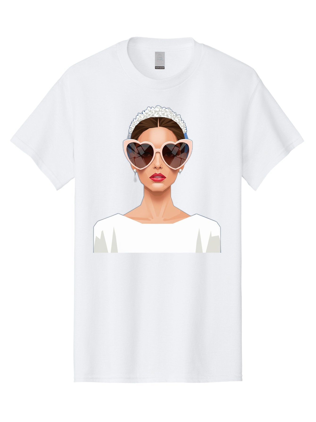 Bride-With-Heart-Shaped-Sunglasses-4 Men'S Graphic Tee, 100% Cotton, Comfortable Casual Summer Wear, Machine Washable, Bride With Heart-Shaped Sunglasses, White Wedding Dress, Floral Headband, Red Lips, Stylish Accessories, Baa231 9