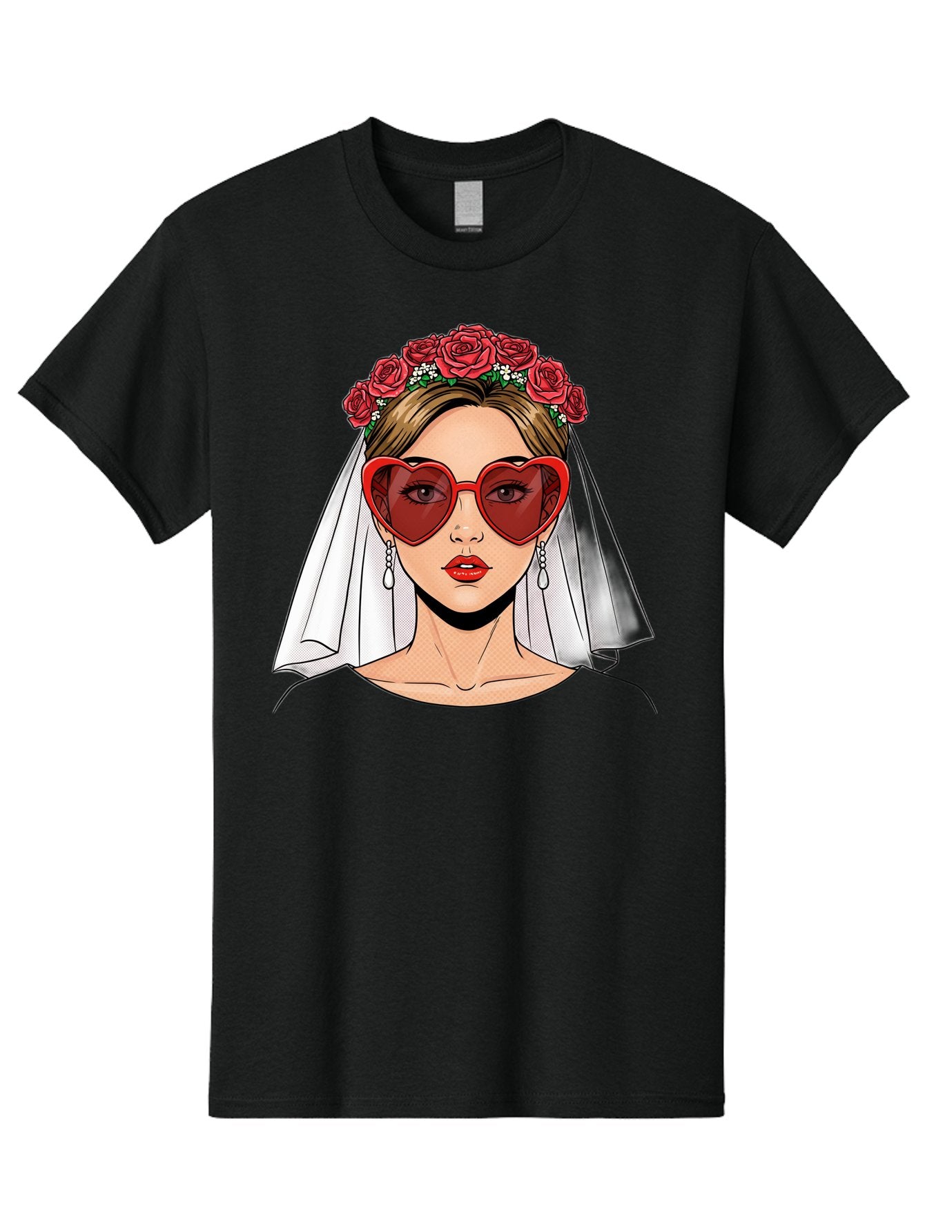 Bride-With-Heart-Shaped-Sunglasses Men'S Graphic Tee, 100% Cotton, Comfortable Casual Summer Wear, Machine Washable, Bride With Red Heart-Shaped Sunglasses, Floral Crown, White Veil, Earrings, Red Lipstick, Modern Wedding Fashion, Baa232 4