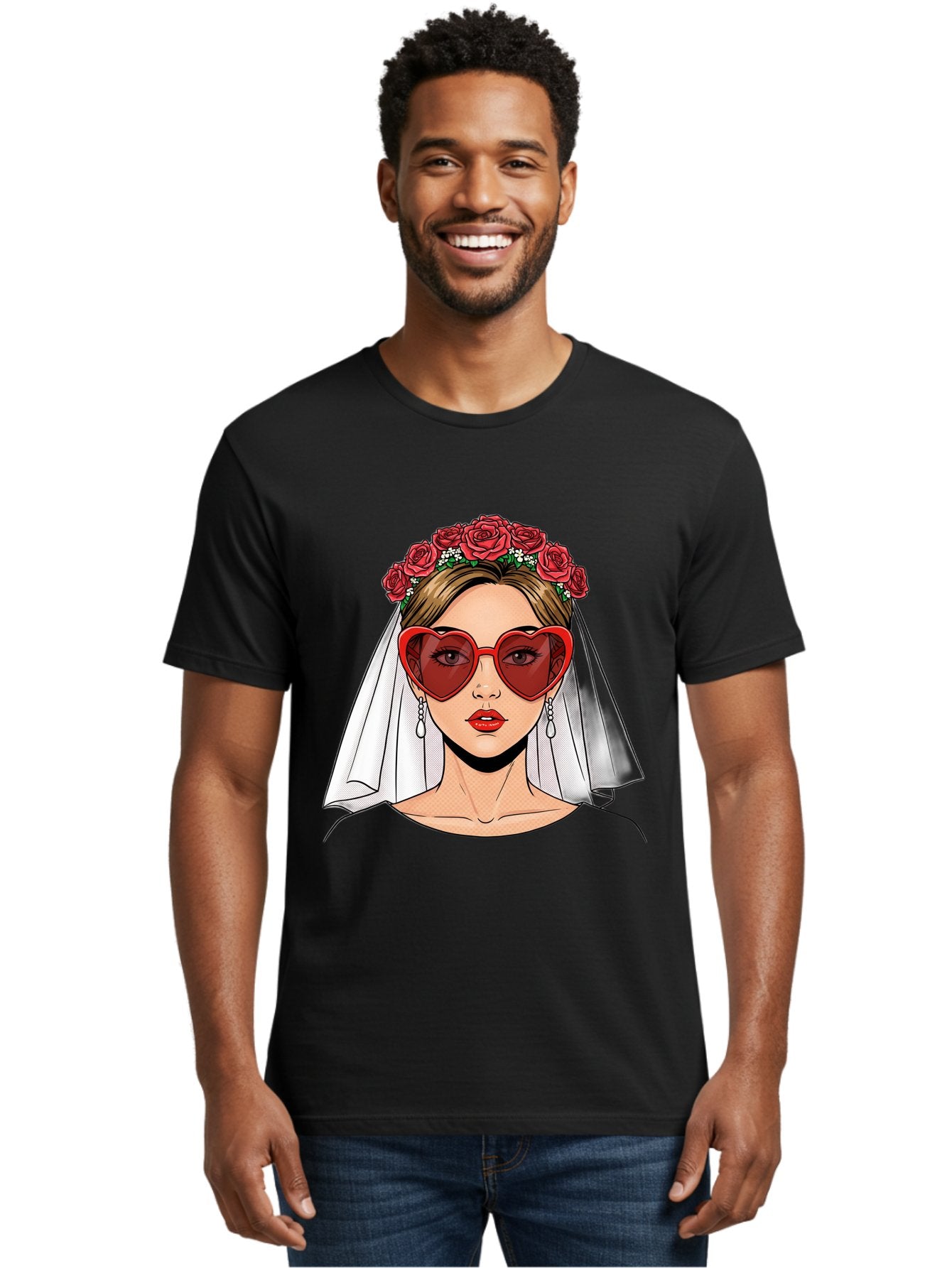 Bride-With-Heart-Shaped-Sunglasses Men'S Graphic Tee, 100% Cotton, Comfortable Casual Summer Wear, Machine Washable, Bride With Red Heart-Shaped Sunglasses, Floral Crown, White Veil, Earrings, Red Lipstick, Modern Wedding Fashion, Baa232 18