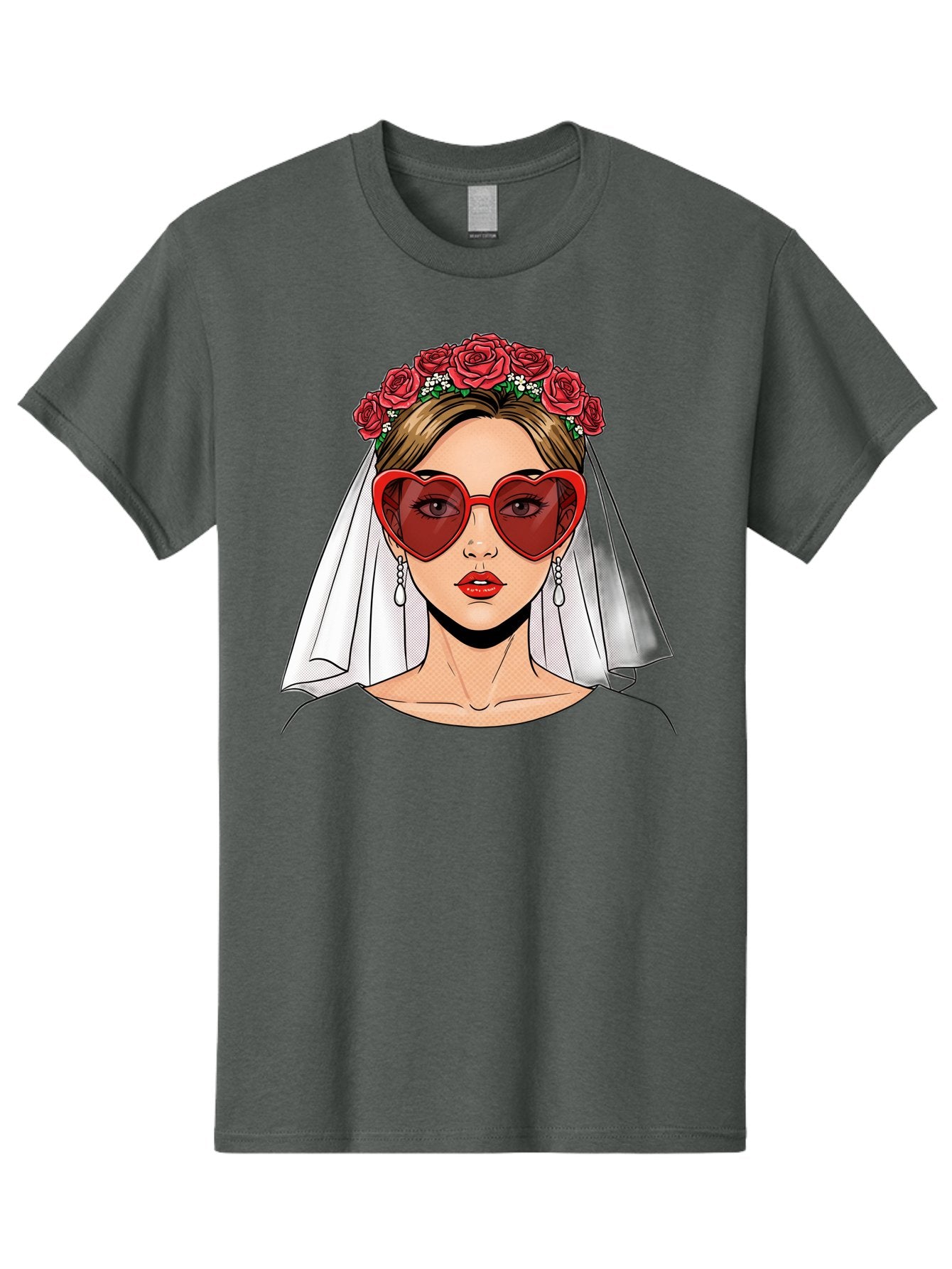 Bride-With-Heart-Shaped-Sunglasses Men'S Graphic Tee, 100% Cotton, Comfortable Casual Summer Wear, Machine Washable, Bride With Red Heart-Shaped Sunglasses, Floral Crown, White Veil, Earrings, Red Lipstick, Modern Wedding Fashion, Baa232 12