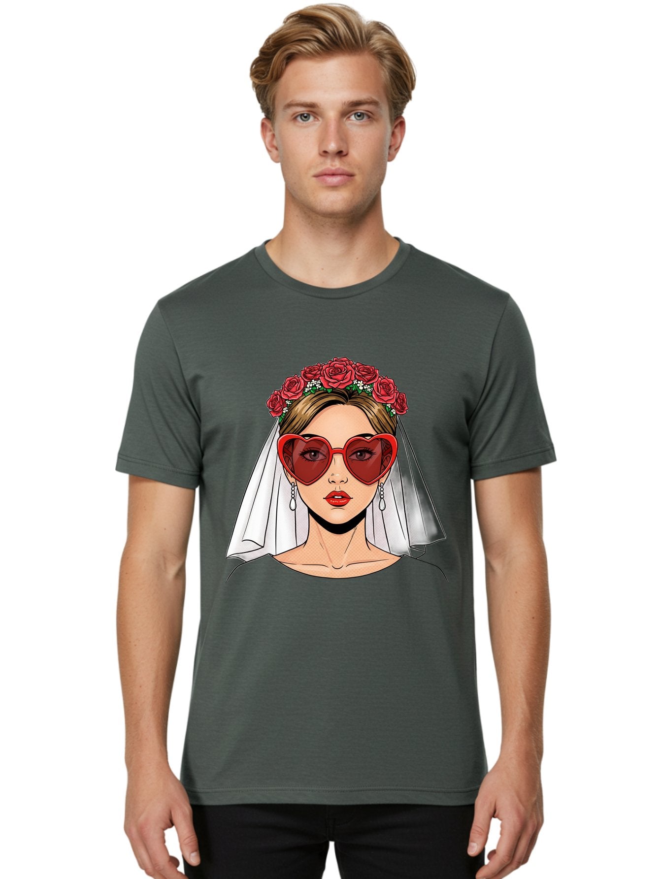 Bride-With-Heart-Shaped-Sunglasses Men'S Graphic Tee, 100% Cotton, Comfortable Casual Summer Wear, Machine Washable, Bride With Red Heart-Shaped Sunglasses, Floral Crown, White Veil, Earrings, Red Lipstick, Modern Wedding Fashion, Baa232 28
