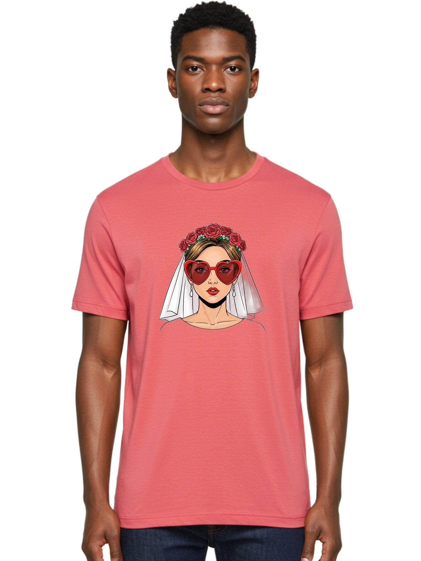 Bride-With-Heart-Shaped-Sunglasses Men'S Graphic Tee, 100% Cotton, Comfortable Casual Summer Wear, Machine Washable, Bride With Red Heart-Shaped Sunglasses, Floral Crown, White Veil, Earrings, Red Lipstick, Modern Wedding Fashion, Baa232 30