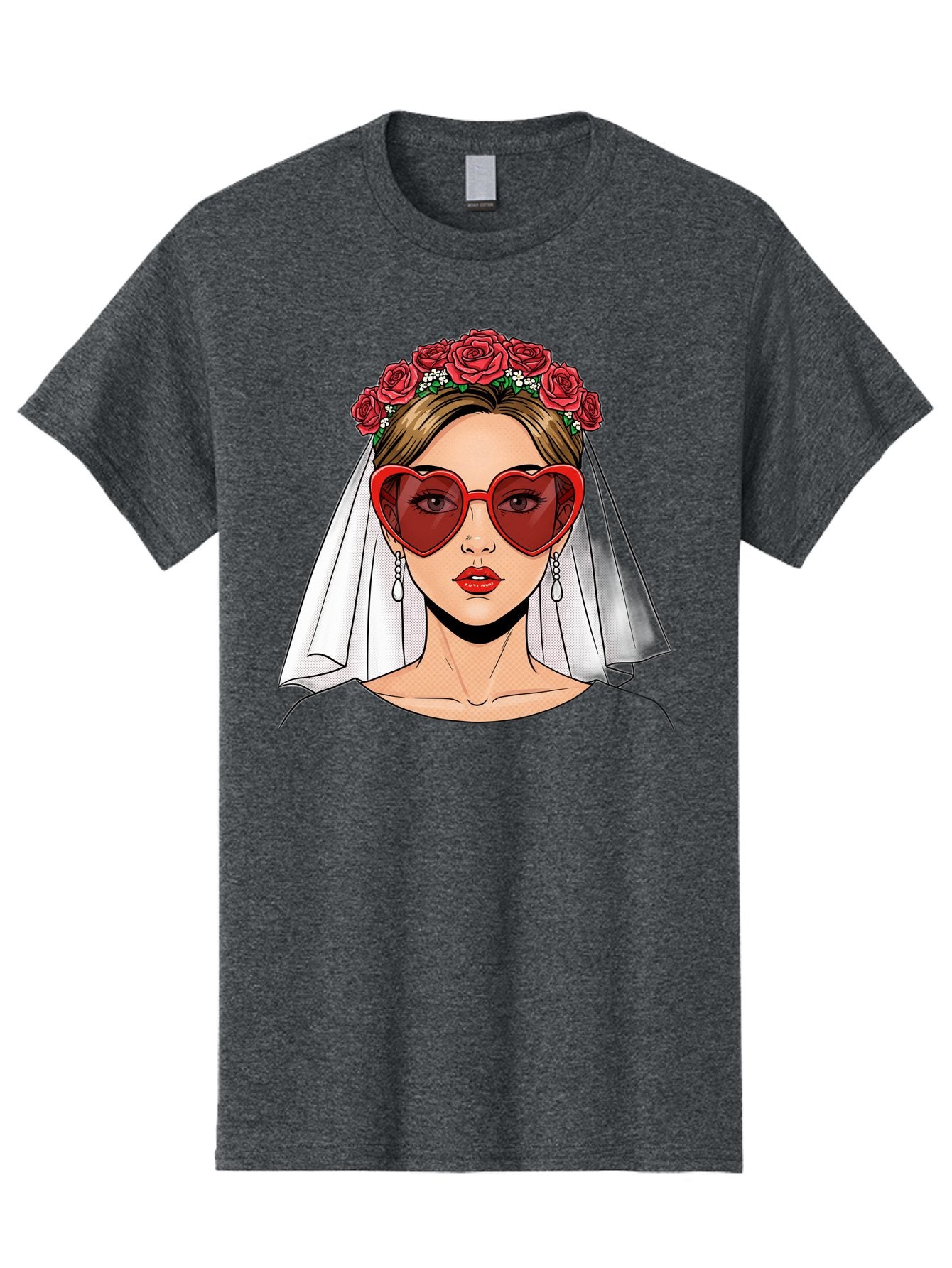 Bride-With-Heart-Shaped-Sunglasses Men'S Graphic Tee, 100% Cotton, Comfortable Casual Summer Wear, Machine Washable, Bride With Red Heart-Shaped Sunglasses, Floral Crown, White Veil, Earrings, Red Lipstick, Modern Wedding Fashion, Baa232 8