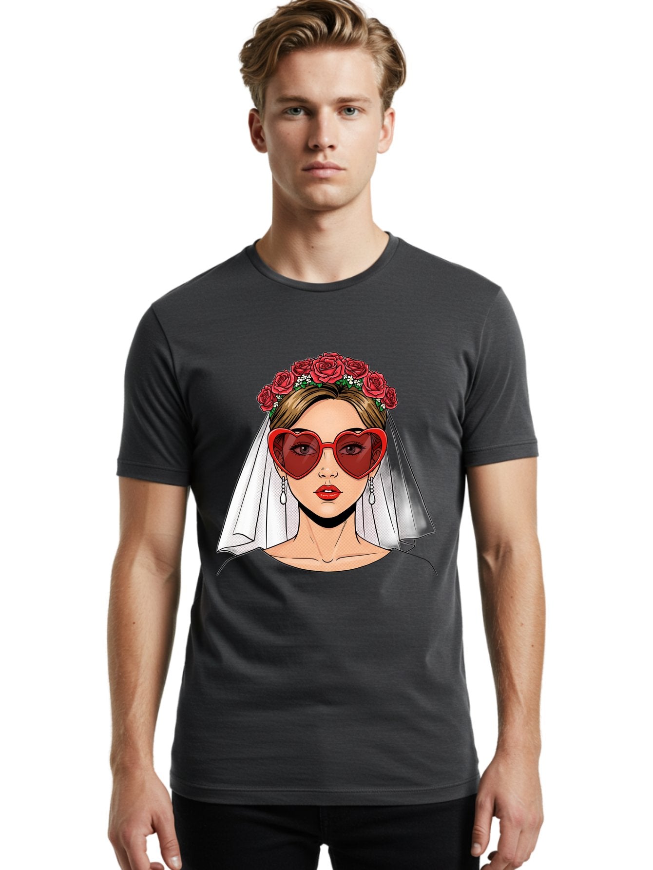 Bride-With-Heart-Shaped-Sunglasses Men'S Graphic Tee, 100% Cotton, Comfortable Casual Summer Wear, Machine Washable, Bride With Red Heart-Shaped Sunglasses, Floral Crown, White Veil, Earrings, Red Lipstick, Modern Wedding Fashion, Baa232 25